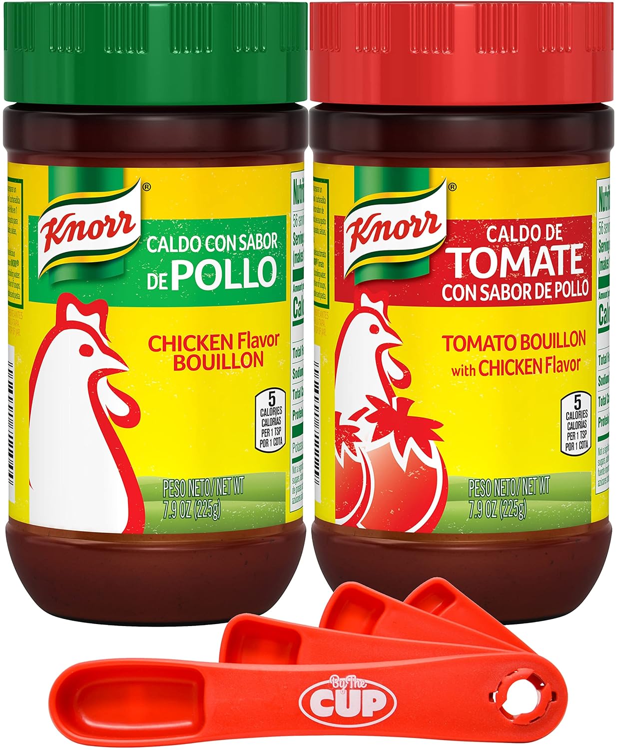 Knorr Granulated Bouillon Bundle, Chicken Flavor and Tomato with Chicken Flavor, 7.9 oz (Pack of 2) with By The Cup Swivel Spoon