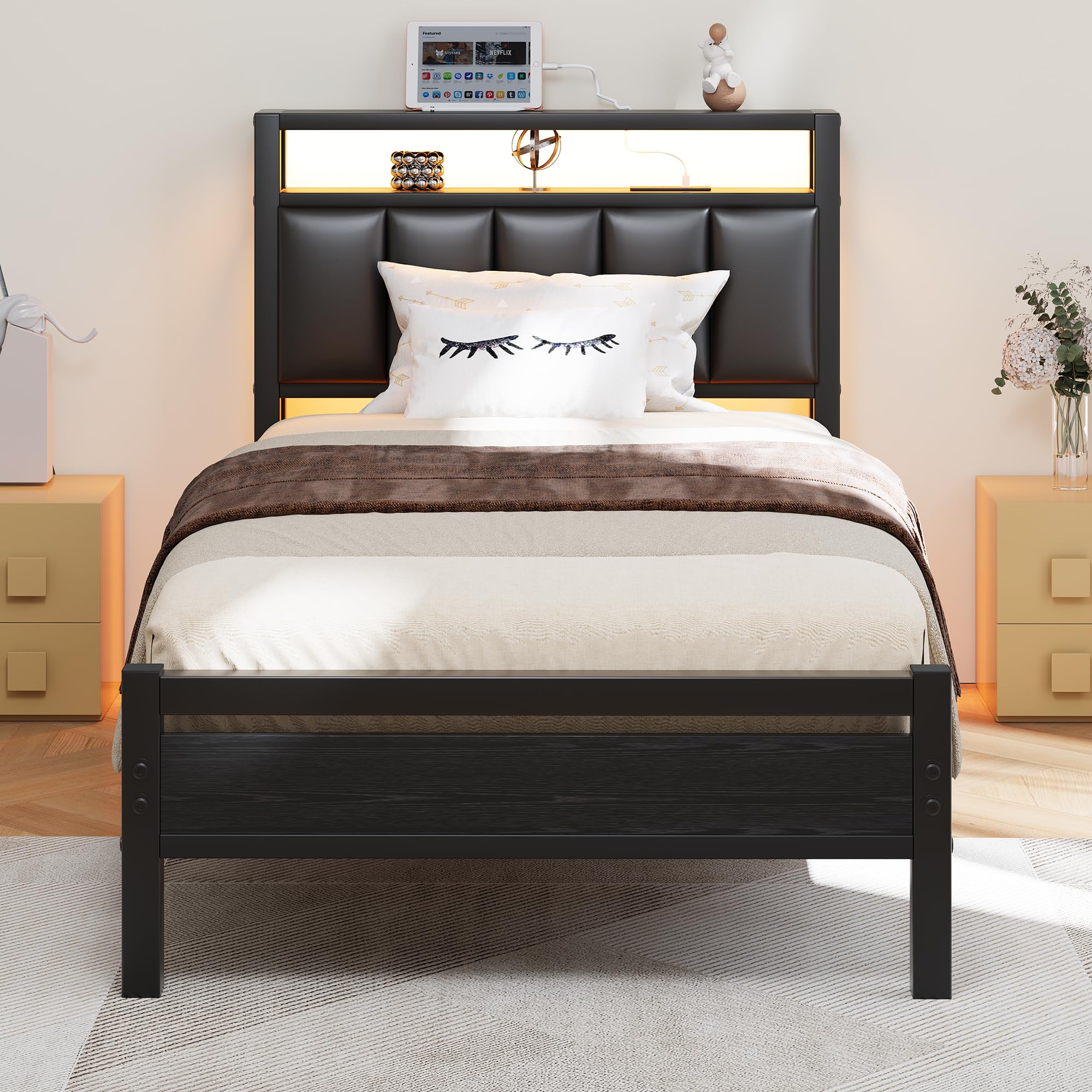 HOJINLINERO Single Metal Bed Frame,Upholstered Headboard, LED Light,Black
