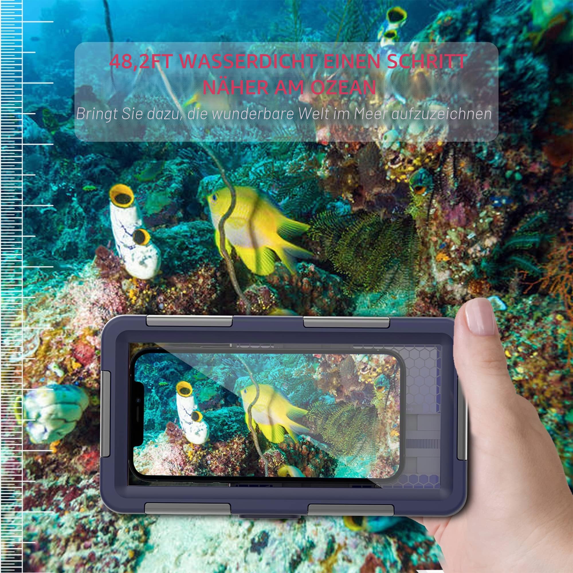 Shellbox Case 2. Generation [15 m/50 ft] Tauch-Schnorchel-Hülle für alle Samsung-iPhone-Serien, IP68-zertifiziert, wasserdichte Handyhülle, Foto-Video, Schwimmen, Schnorcheln (blau-orange)