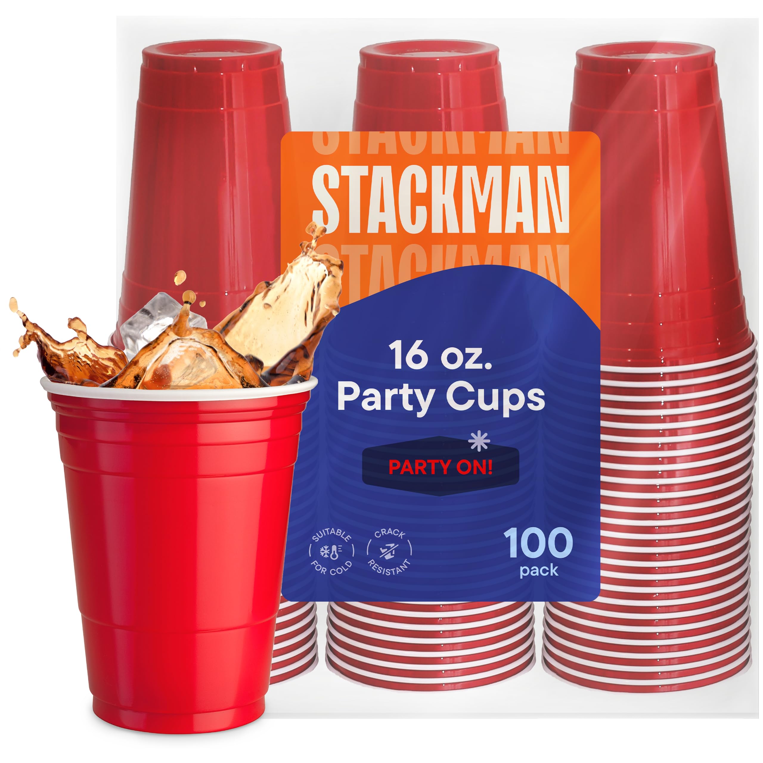 Stack ManRed [16 oz-100 Pack] Party, Cold Drink Plastic Disposable Cups