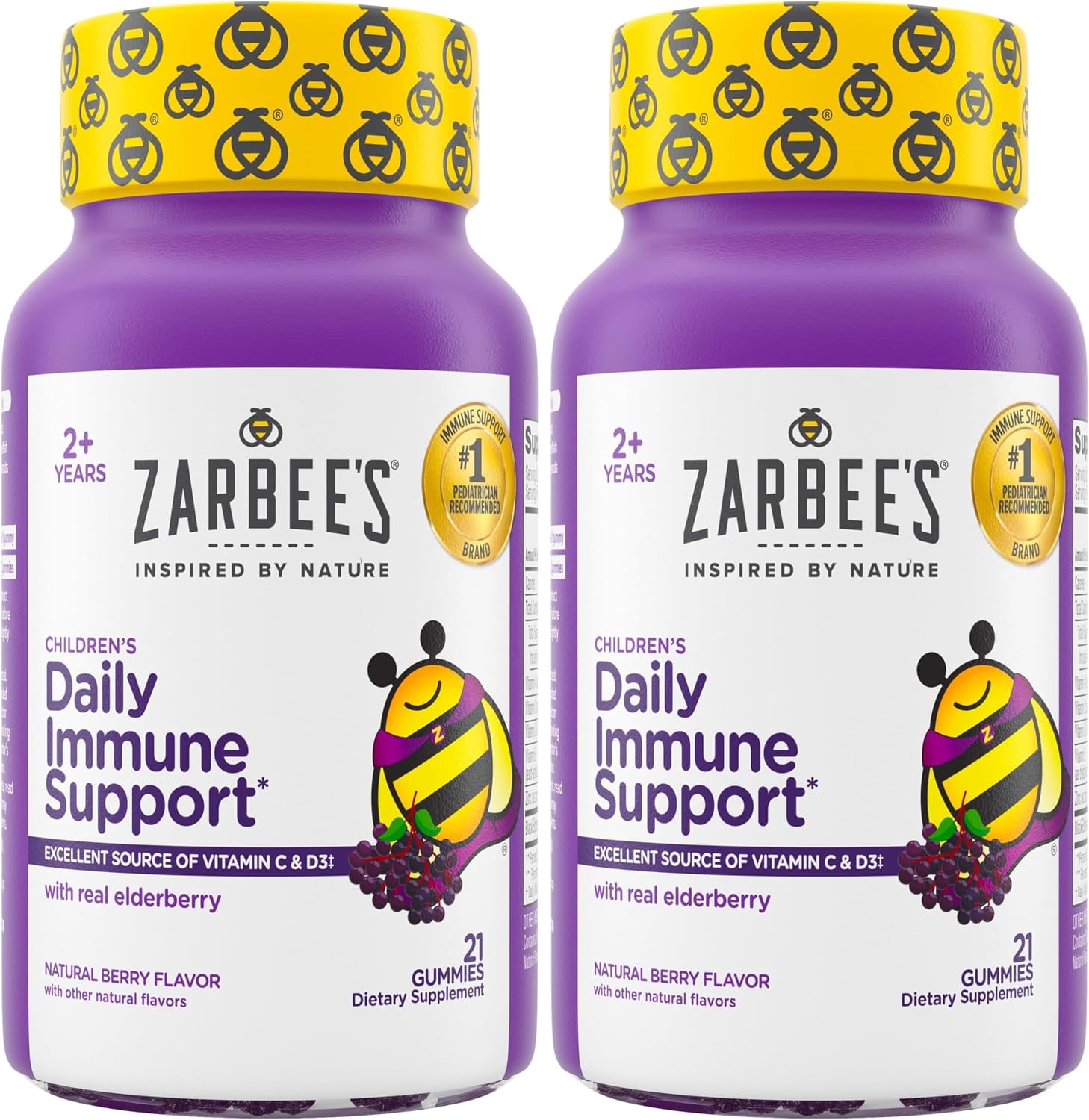 Zarbee's Elderberry Gummies for Kids with Vitamin C; Zinc & Elderberry; Daily Childrens Immune Support Vitamins Gummy for Children Ages 2 and Up; Natural Berry Flavor;,21 Count (Pack of 2)