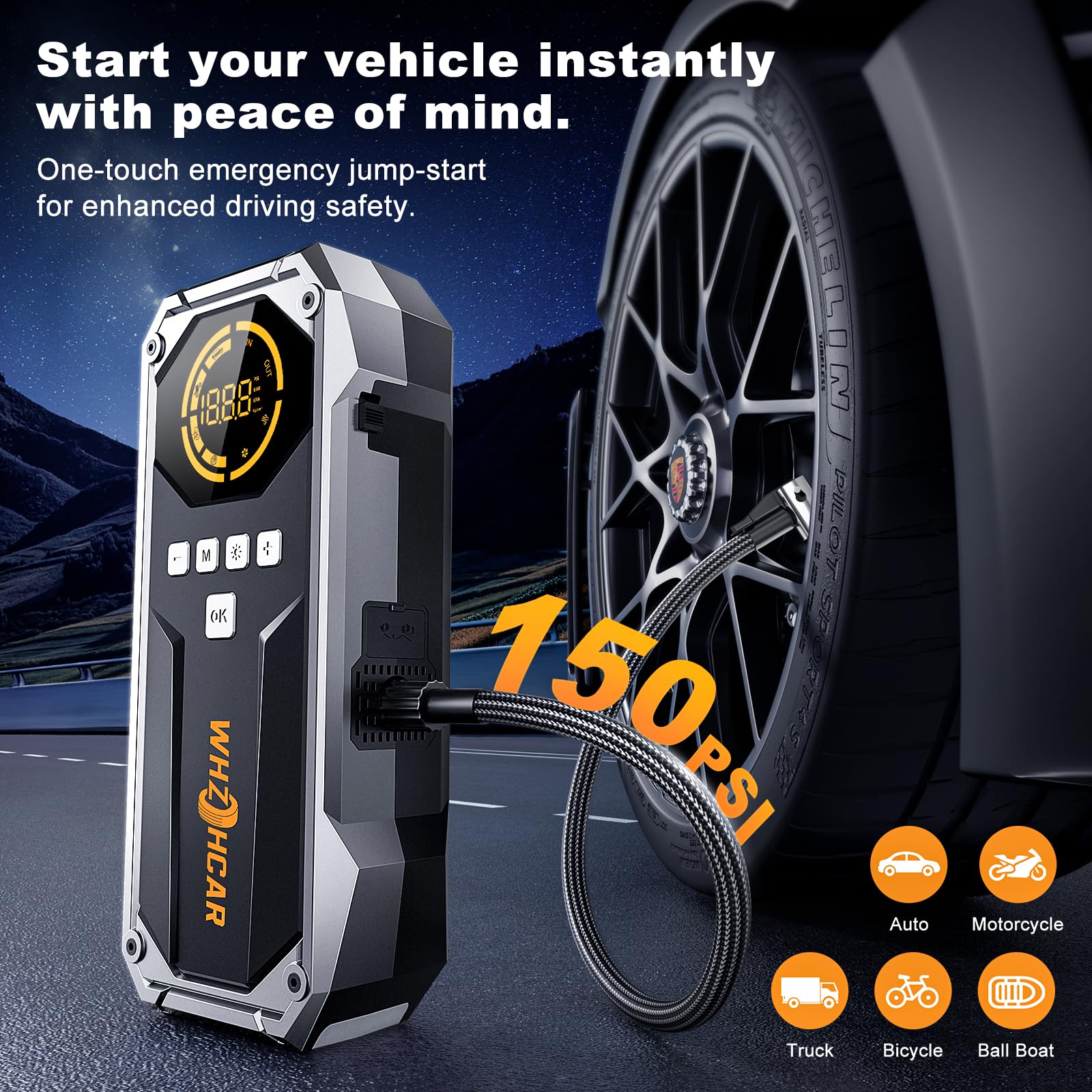 Booster Batterie Voiture 150PSI Compresseur d’Air Booster Batterie Voiture Puissant 12V Jump Starter pour Véhicule Pack avec Power Bank Pinces de Sûreté Intelligentes Lampe à LED Image du produit 4