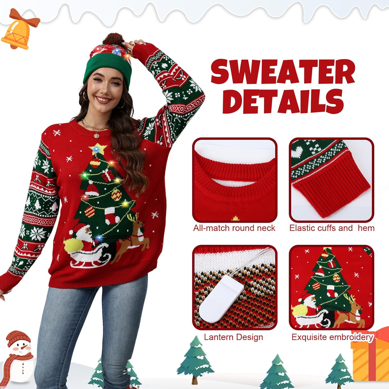 Light Up Christmas Ugly Sweater and Knitted Hat Set for Women with LED Bulbs Christmas - Image 6
