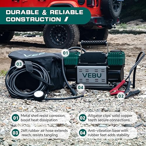 Miniatura 5 de Compresor de aire resistente 12V inflador de neumáticos, cilindro dual 125PSI con manómetro en línea, 10.6CFM inflación rápida para vehículos todo