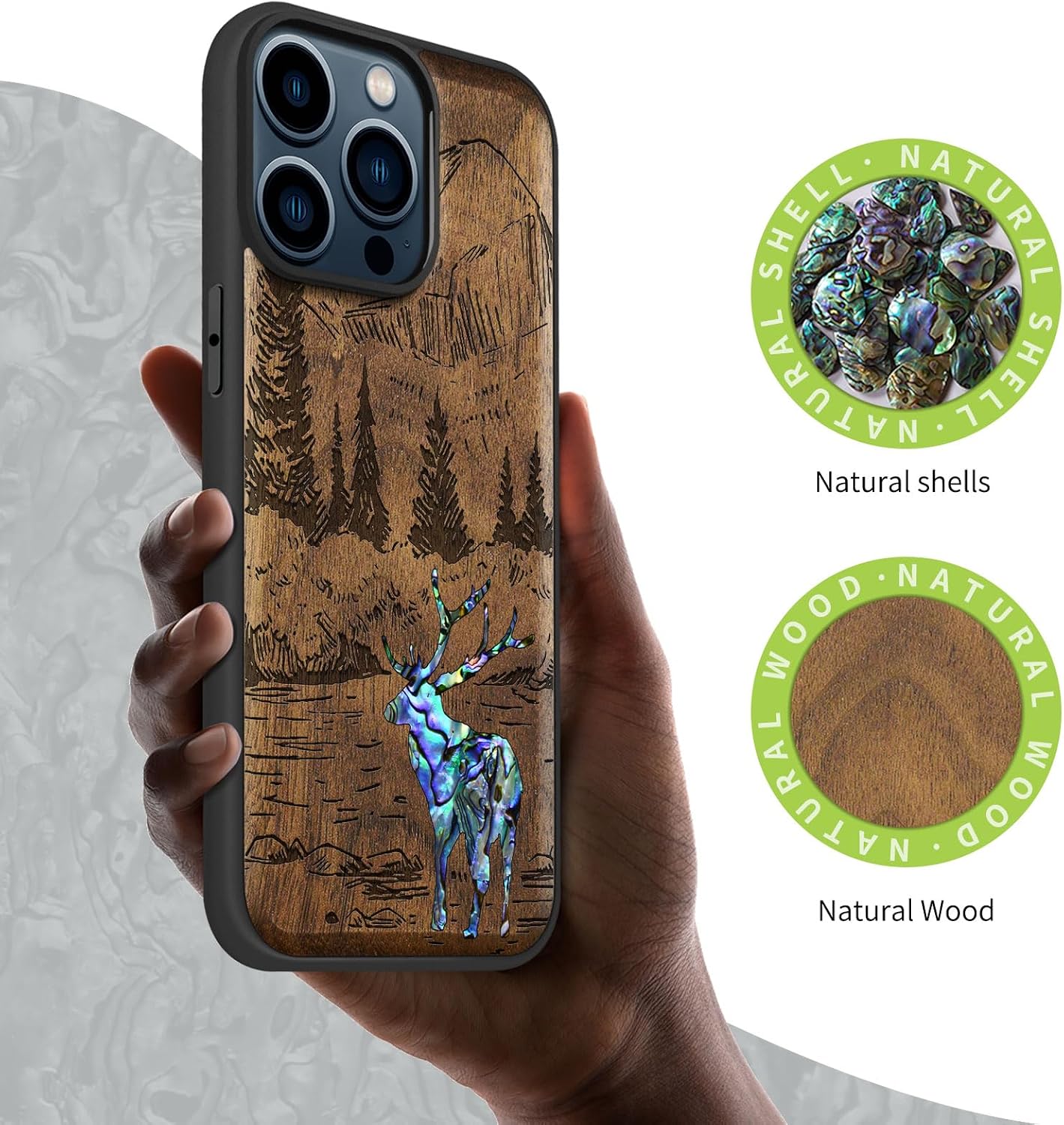 Carveit Wooden Case for iPhone 15 Pro Max Magnetic Case, Compatible with MagSafe Wireless Chargers, Shockproof Cover, Handmade Shell Inlaid & Wood Artisan Engraved (Forest Deer) Walnut