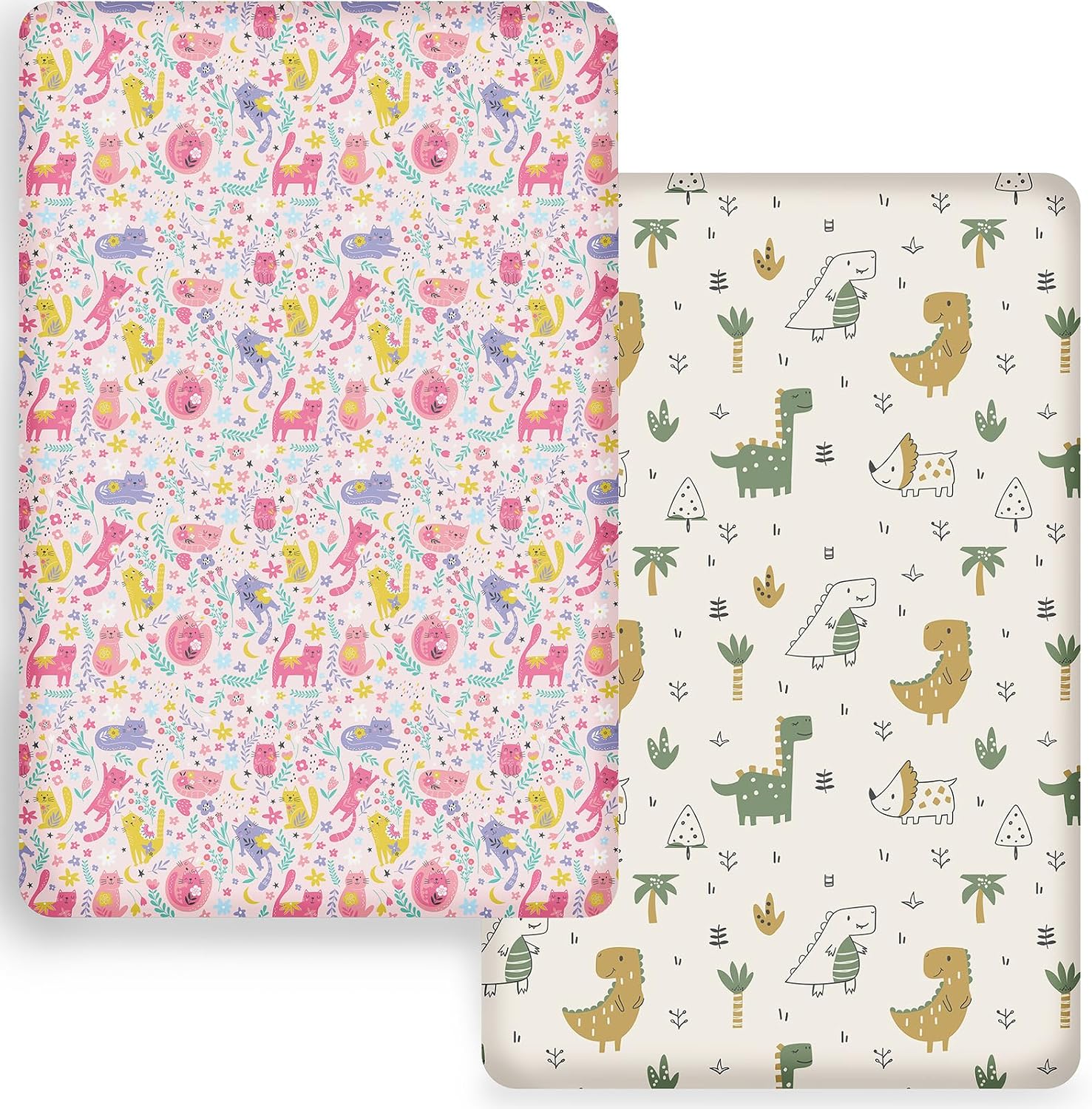 Pack n Play Sheets Set 2 Pack,Portable Extra-Soft Mini Crib Sheets for Boys Girls Kids,Dinosaur&Cat Printed Pack N Play Sheets for Baby(Dinosaur+Cat S)