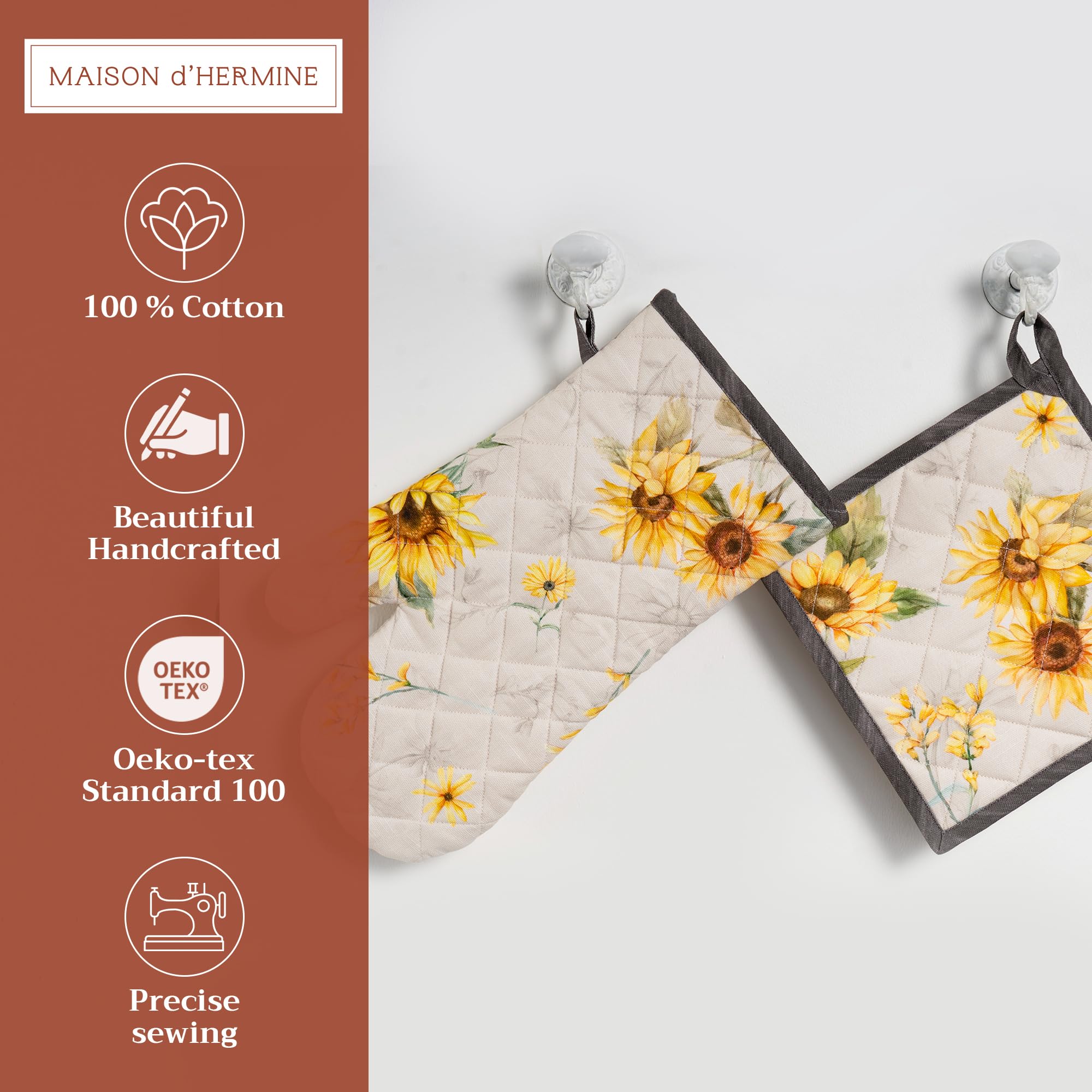 Maison d' Hermine Set di presine e guanti da forno in cotone 100% (19 x 33 cm e 20 x 20 cm) Guanti resistenti al calore con paste per maneggiare padelle calde Primavera Estate (Candice)