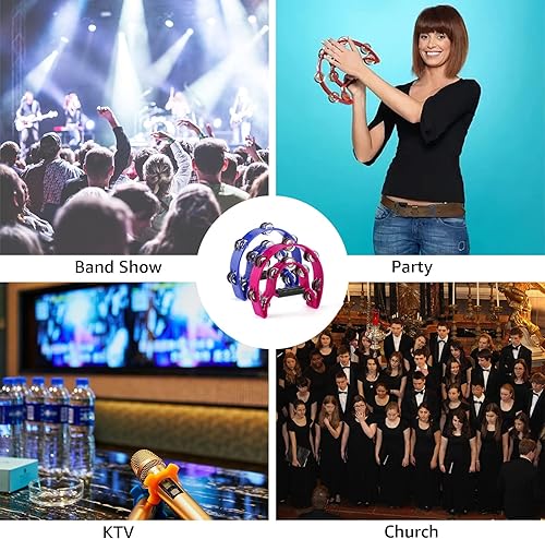 Miniatura 6 de Pandereta de doble fila, paquete de 2 panderetas de 10 pulgadas para adultos, instrumento musical de media luna con 20 cascabeles de metal,