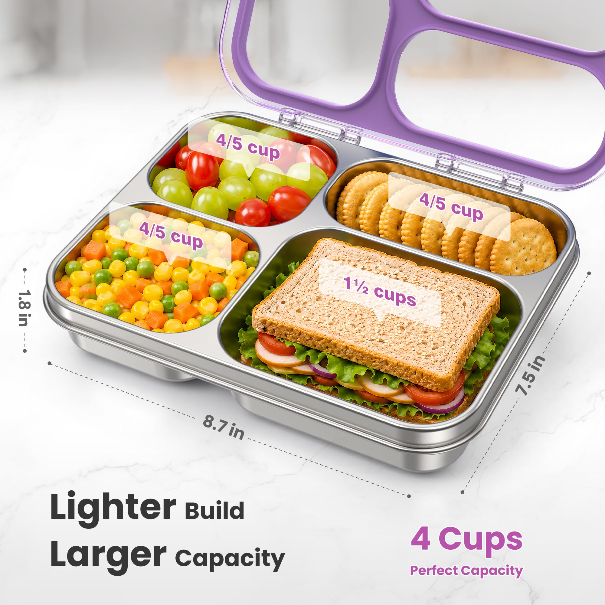 VITONIS Fiambrera de acero inoxidable con 3 compartimentos con tapa Tritan, 1000 ml, de metal, para niños, a prueba de fugas, fiambrera para el almuerzo, fiambrera para el pan, Azul