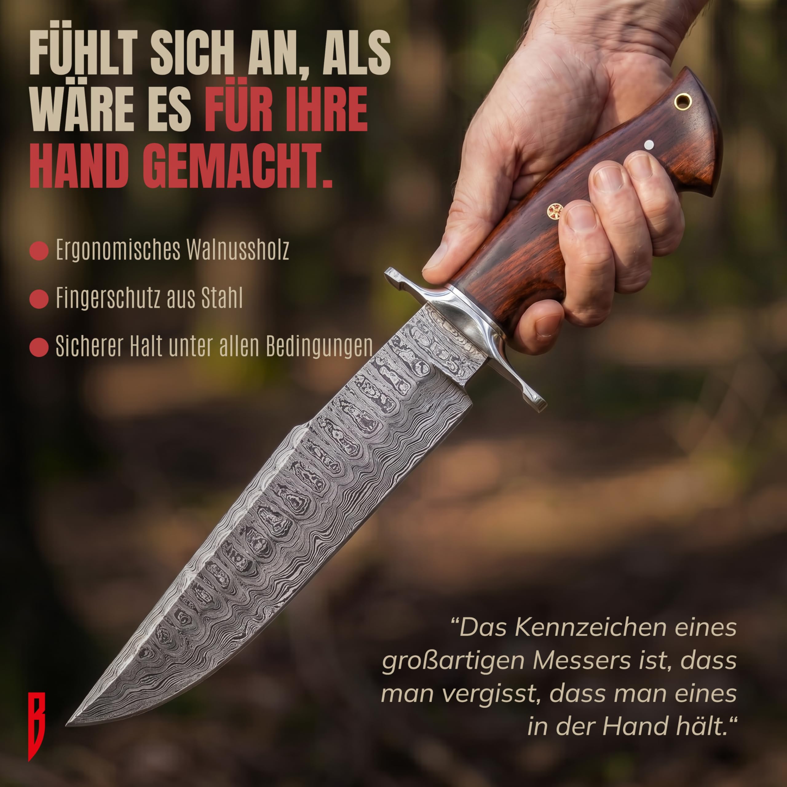 BIGCAT ROAR Raptor Damaststahl Jagdmesser 13,2 Zoll - Full Tang - Walnussholzgriff & Lederscheide - Bushcraft Outdoor Camping Survival Jagd