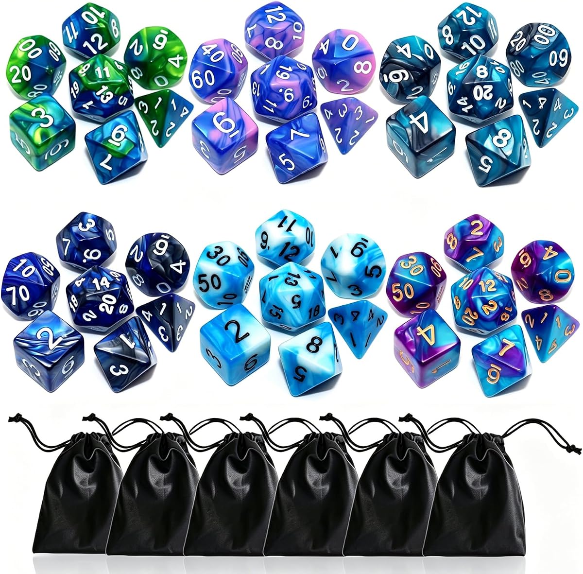 Conjunto de dados DND poliédrico - Paquete de 6 dados de doble color Compatible con Dungeons and Dragons D&D Juego DE rol RPG Juegos de mesa Dados con D4 D6 D8 D10 D% d12 d20 (Conjunto de 6 colores)