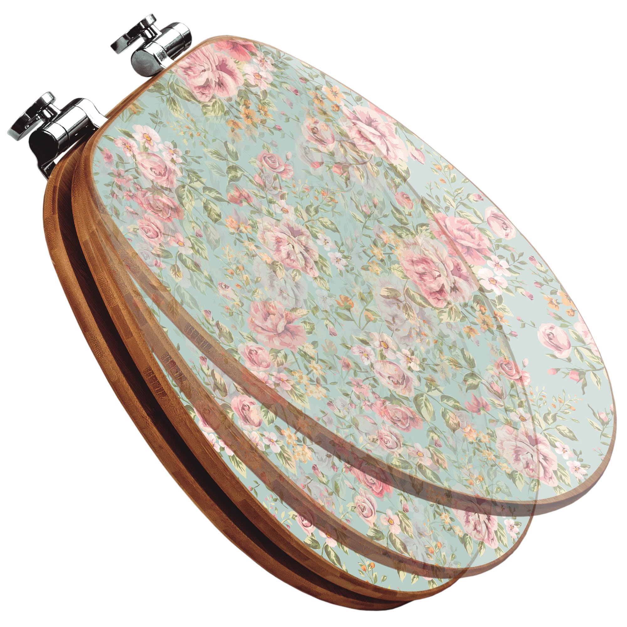 banjado Design WC Sitz Bambus Absenkautomatik 45,8x37,5cm - Toilettendeckel mit Absenkautomatik Holz - hochwertiger Bambus Klodeckel - WC-Sitz für gängigen Toiletten - Motiv Altrosa Blume