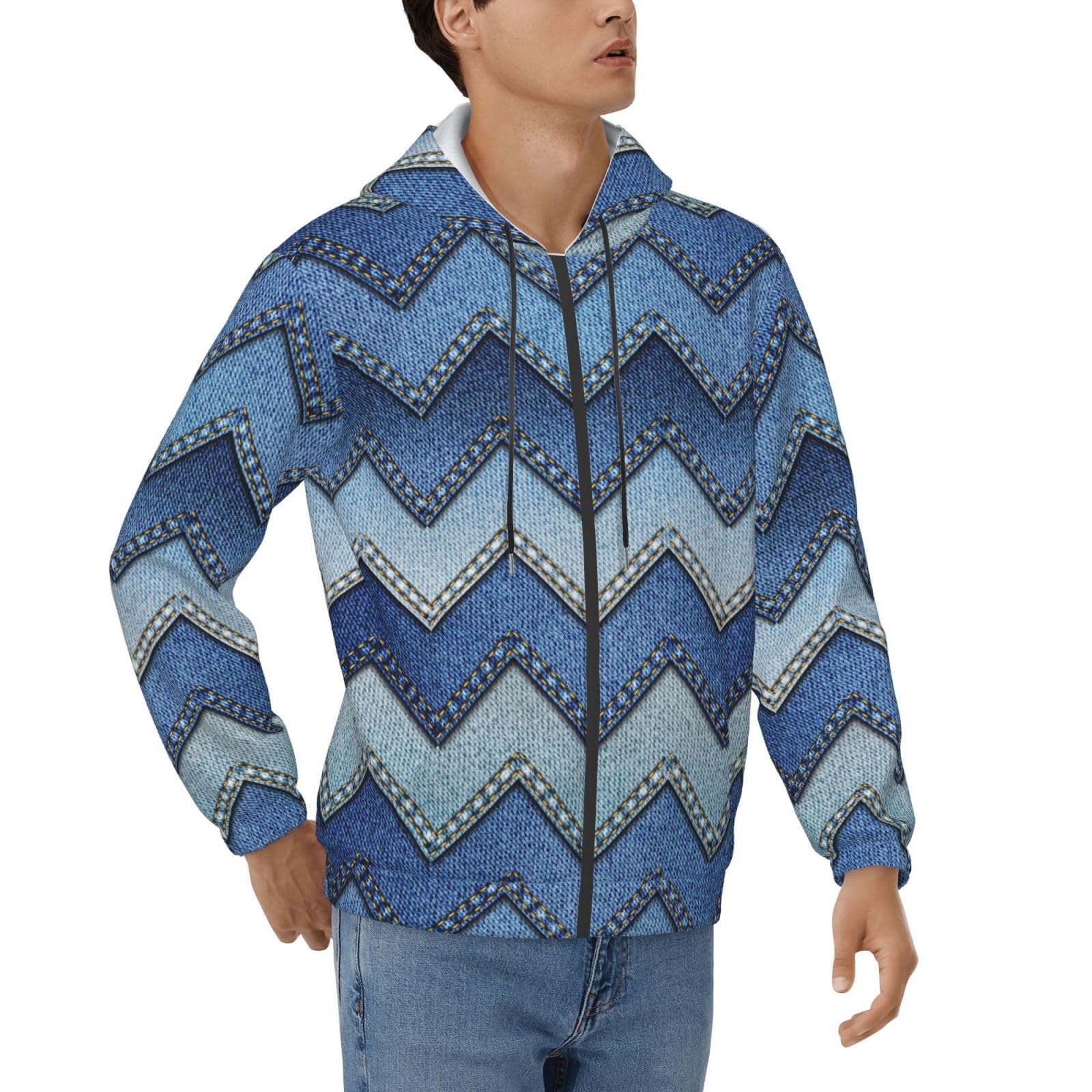 Gradient Blue Denim Print Hoodie For Men Sweatshirt Comfortable With Pockets Casual Daily Wear Sportswear