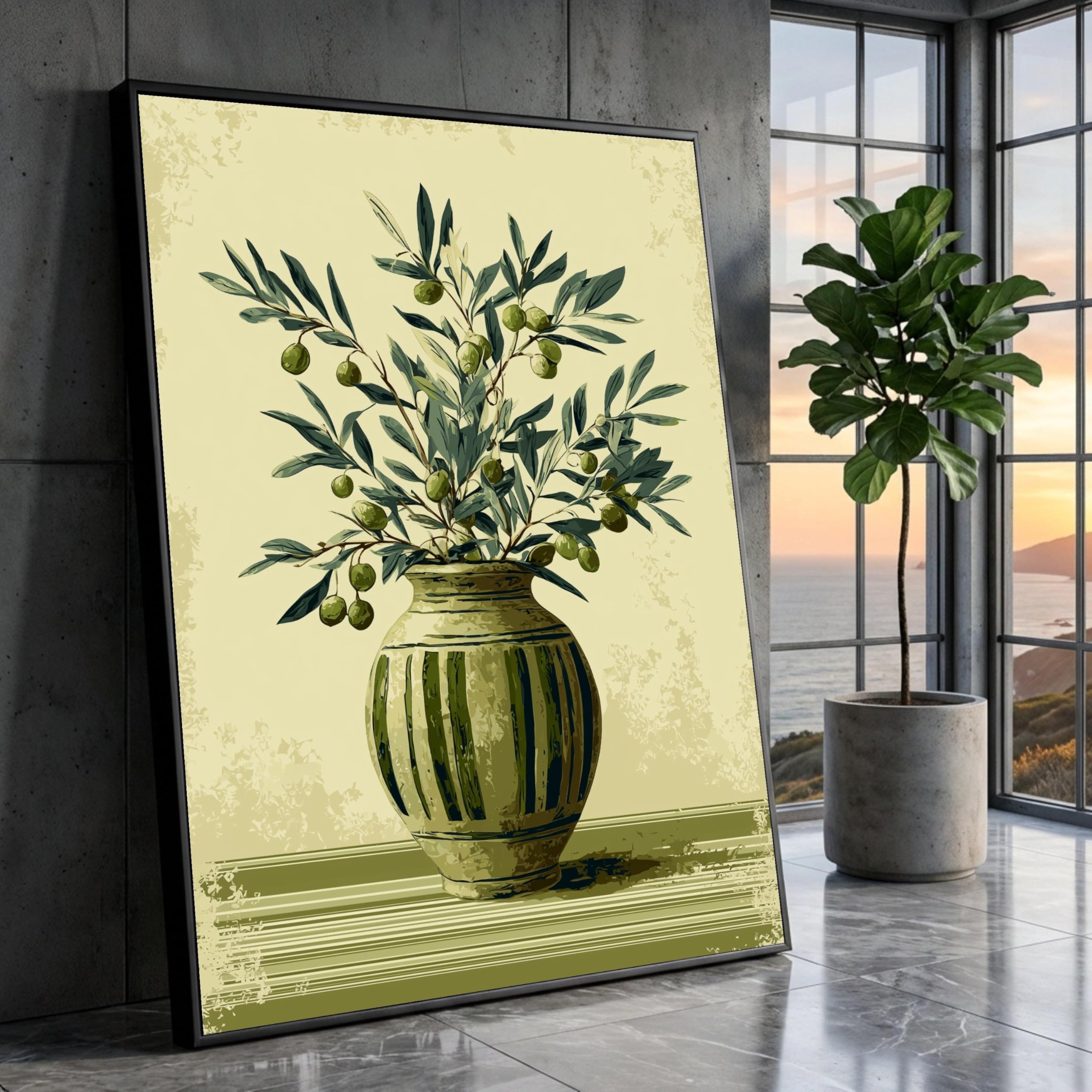 CAOXTART Rustic Olive Branches Vase Canvas Wall Pictures, Mediterranean Botanical Art Prints, Nordic Style Still Life Painting(70x100cm/Frameless)