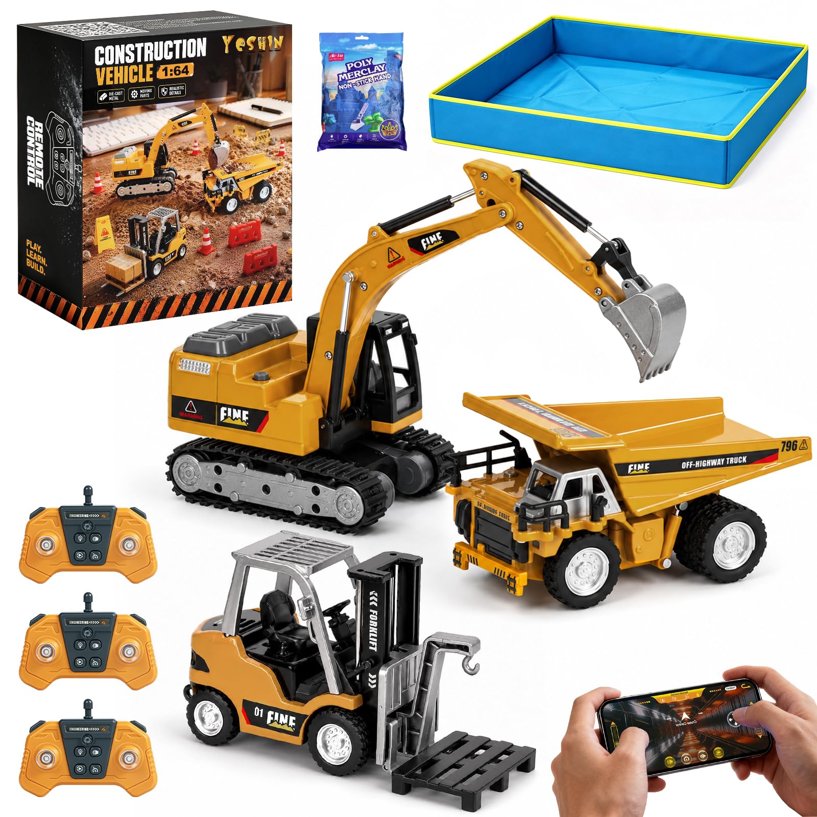 YESHIN 3-in-1 Remote Control Construction Vehicle Set, 1:64 RC Forklift, Excavator & Dump Truck with Sandpit & Play Sand, 2.4GHz Remote Control Construction Toy for Children Ages 3+