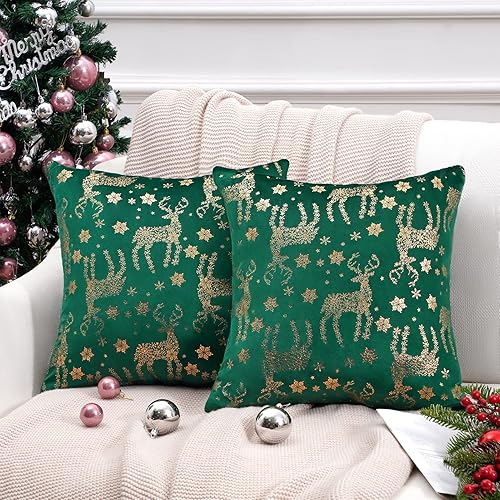 Topfinel Juego de 2 fundas de almohada de terciopelo de primavera verde esmeralda 20 x 20 pulgadas color verde bosque dorado con purpurina estampado