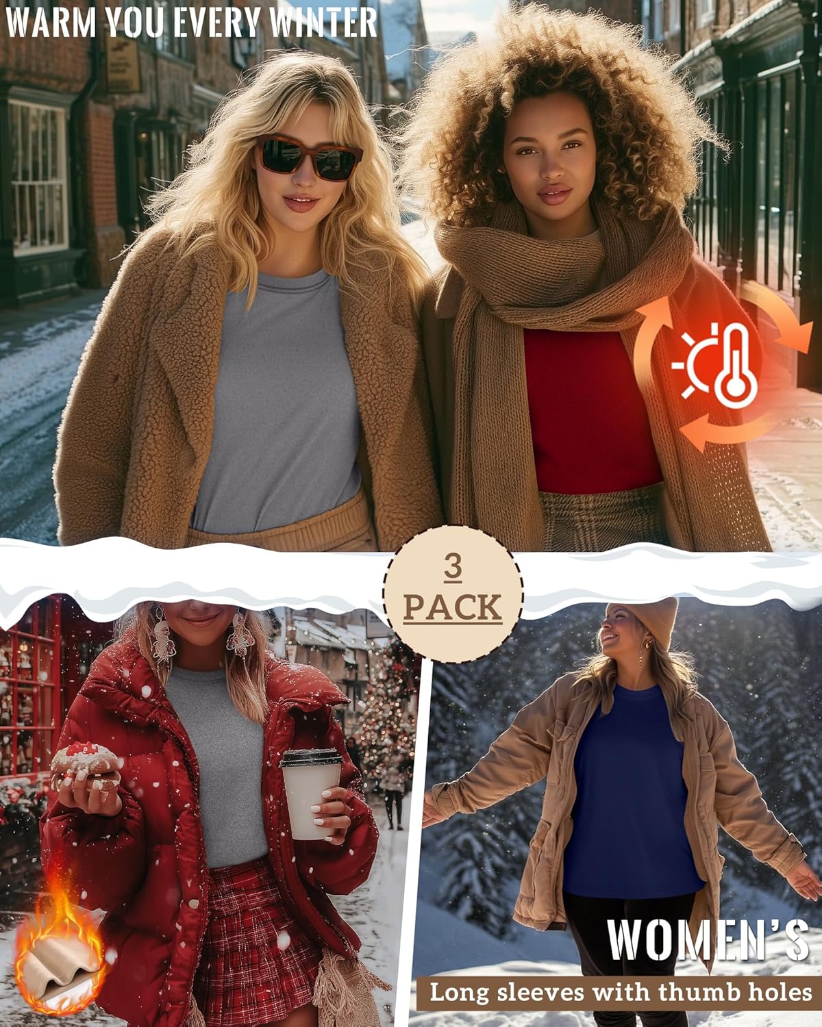 3 Pack Women's Plus Size Thermal Shirts Fleece Lined Long Sleeve Crew Neck Tops Slim Fit Shirts with Thumb Holes - Image 2