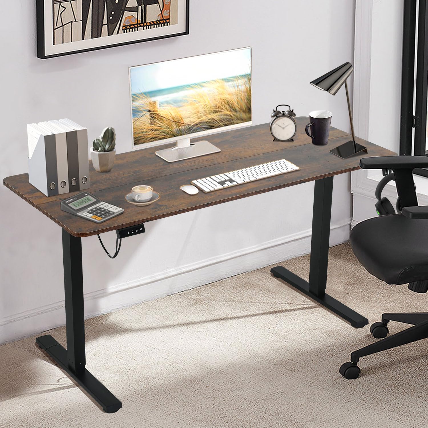 Brown Standing Desk, 55 Inch Height Adjustable Electric Office Sit Stand Desk with Headphone Holder & 2 Memory Preset Controls