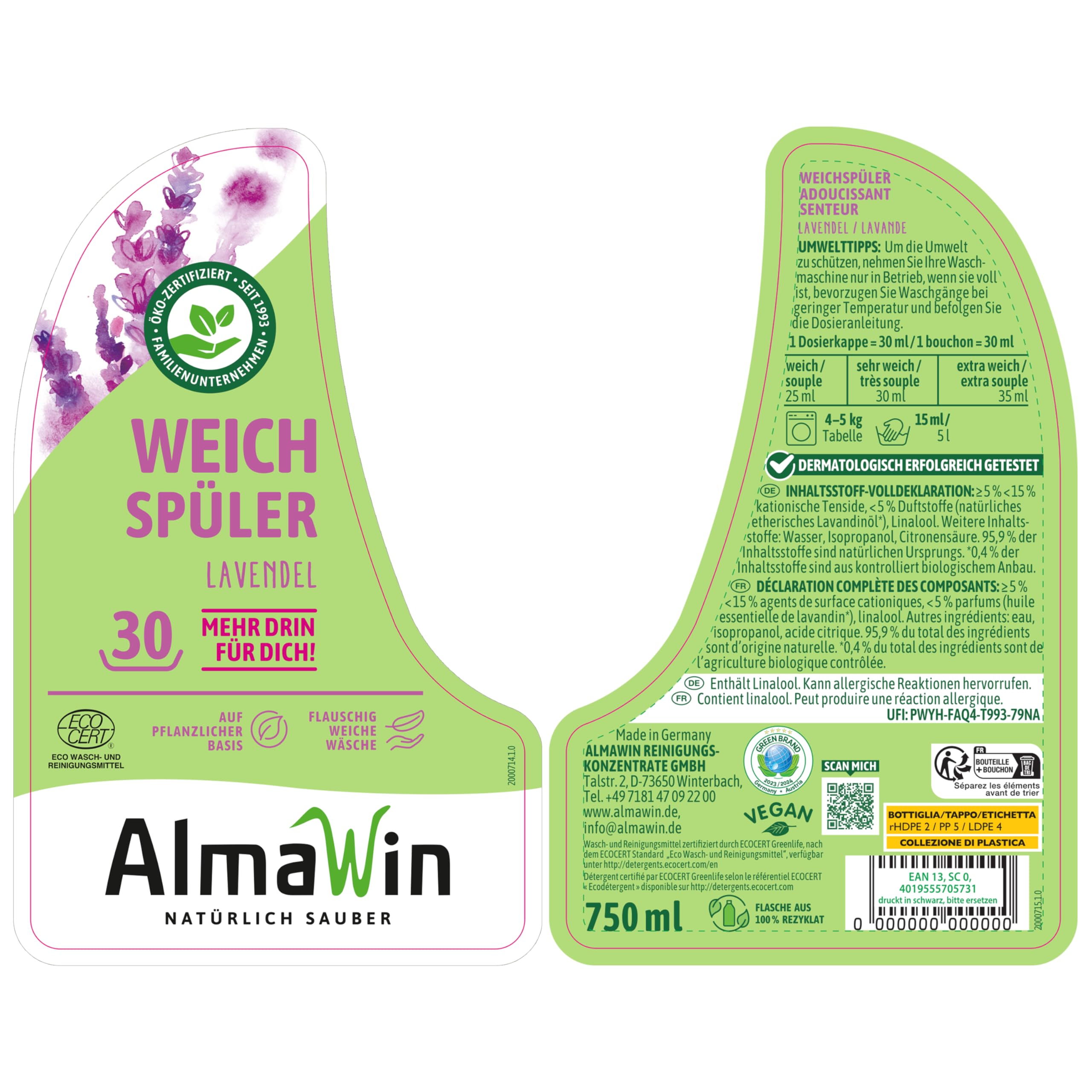 AlmaWin® Weichspüler mit Lavendel-Duft [6x 750ml - 180 Ladungen] für kuschelweiche Wäsche - Veganer Weichspüler Bio kombinierbar mit allen Waschmitteln - Flüssiger Weichspüler Öko Softener