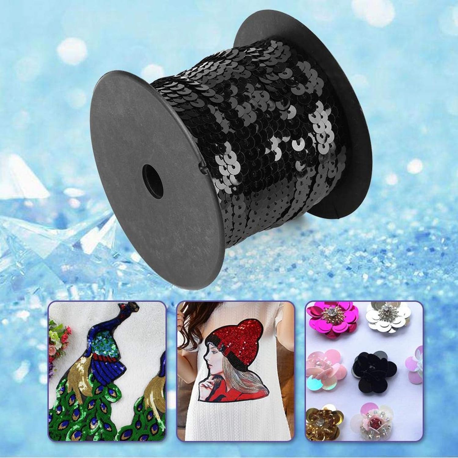 GLOGLOW 100 Yards 6mm Sequins String, Crafts Flat Sequin Strip Trim for Jewelry Making and Costume Accessories(Black)