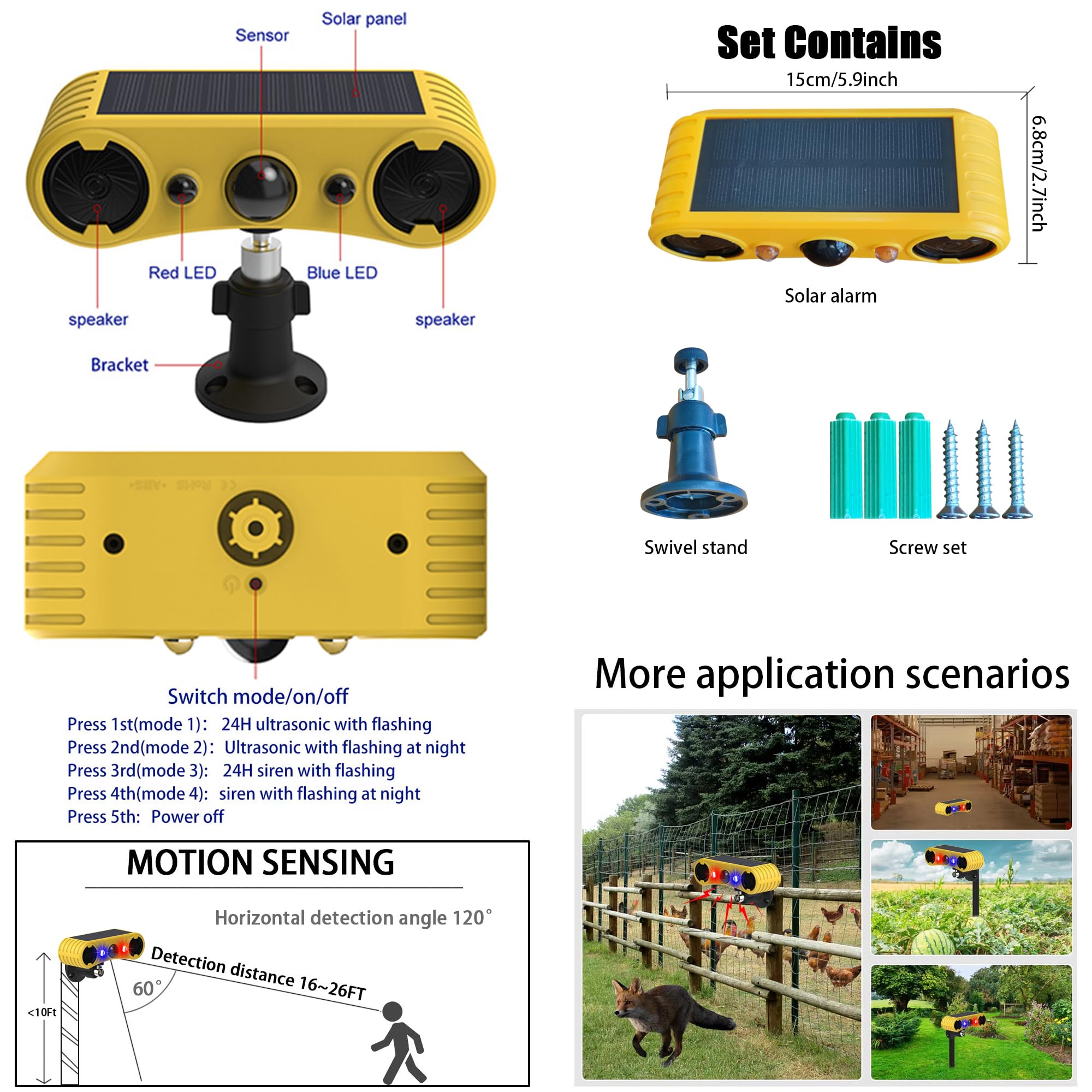 Alarme de détecteur de Mouvement Solaire extérieur - Alarme sonore de Coup de feu d'aboiement de Chien, 2 * 129 DB de Puissance, 4 Modes, lumière Rouge et Bleue (4 Pack)