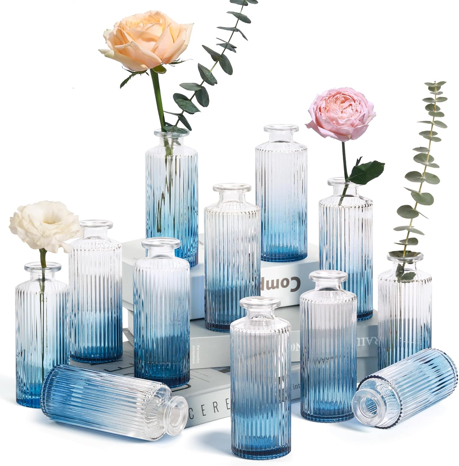 ComSaf Glass Bud Vases Set of 12, Small Bud Vase in Bulk, Mini Flower Vase for Centerpiece, Vintage Decorative Vase Set for Flowers, Wedding Reception, Christmas, Home Decor (Gradient Grey Blue)