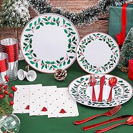 WDF 175Pcs Disposable Christmas Plates & Napkins - 25 Dinner & Dessert Plates, 25 Utensils, 25 Cups, 25 Christmas Napkins