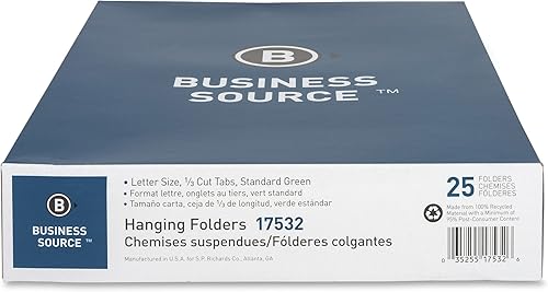 Miniatura 2 de Business Source, BSN17532, carpetas colgantes estándar de corte 1/3, 25 / caja, verde estándar