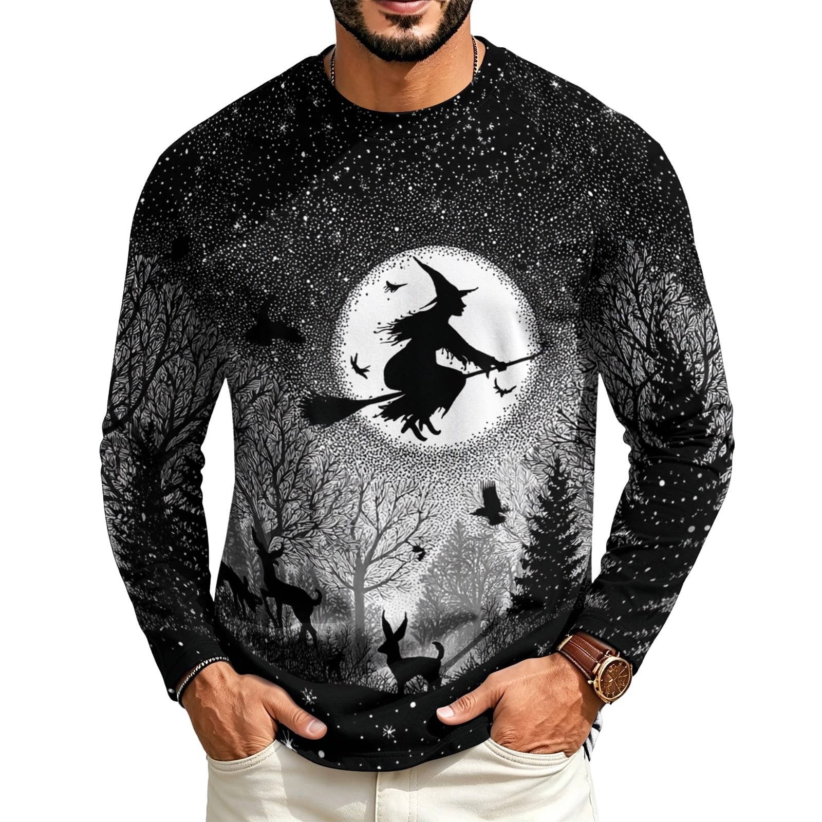 Halloween Crew Neck Shirts Costumes for Men Long Sleeve Fit Pumpkin Ghosts Print Casual Fashion Tops 2026,02-Black S — image 1