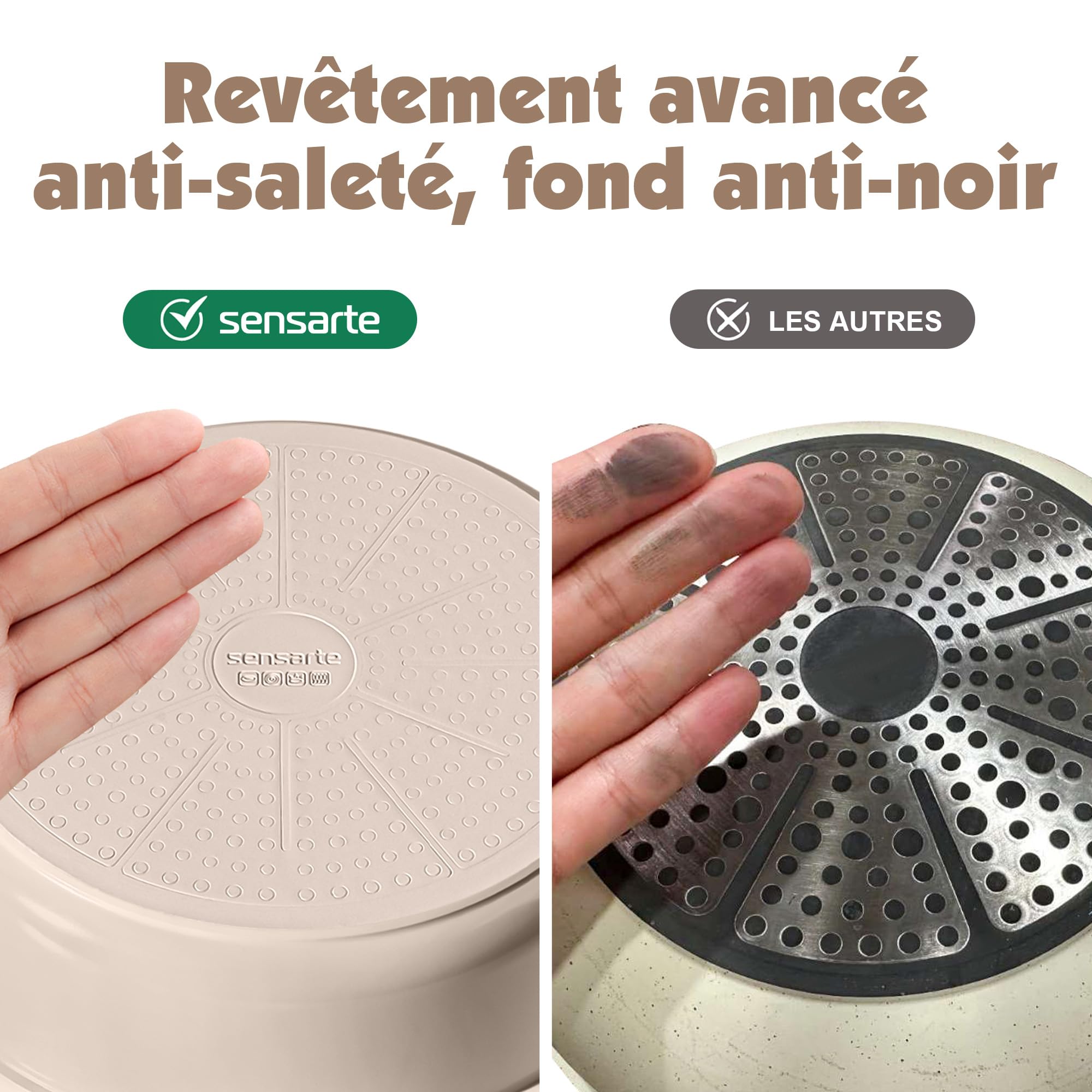SENSARTE Set de Casseroles et Poêles 17 Pièces - Revêtement Céramique Antiadhésif - Batterie de Cuisine pour Induction/Gaz, Poignées Amovibles, Empilable et Lavable Lave-Vaisselle