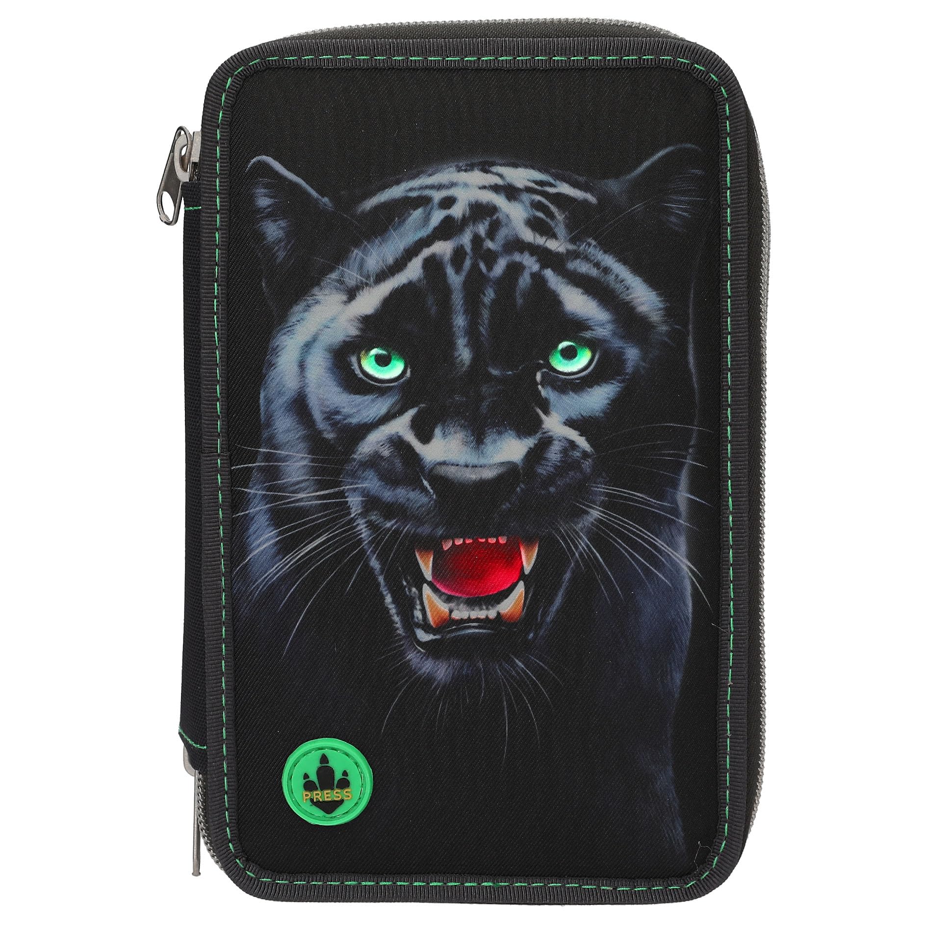 Depesche 13709 Adventure World Panther - Astuccio a 3 Scomparti in Nero, con Motivo Pantera ed Effetti di Luce LED, Astuccio con matite Colorate, Forbici, Righello e Molto Altro.