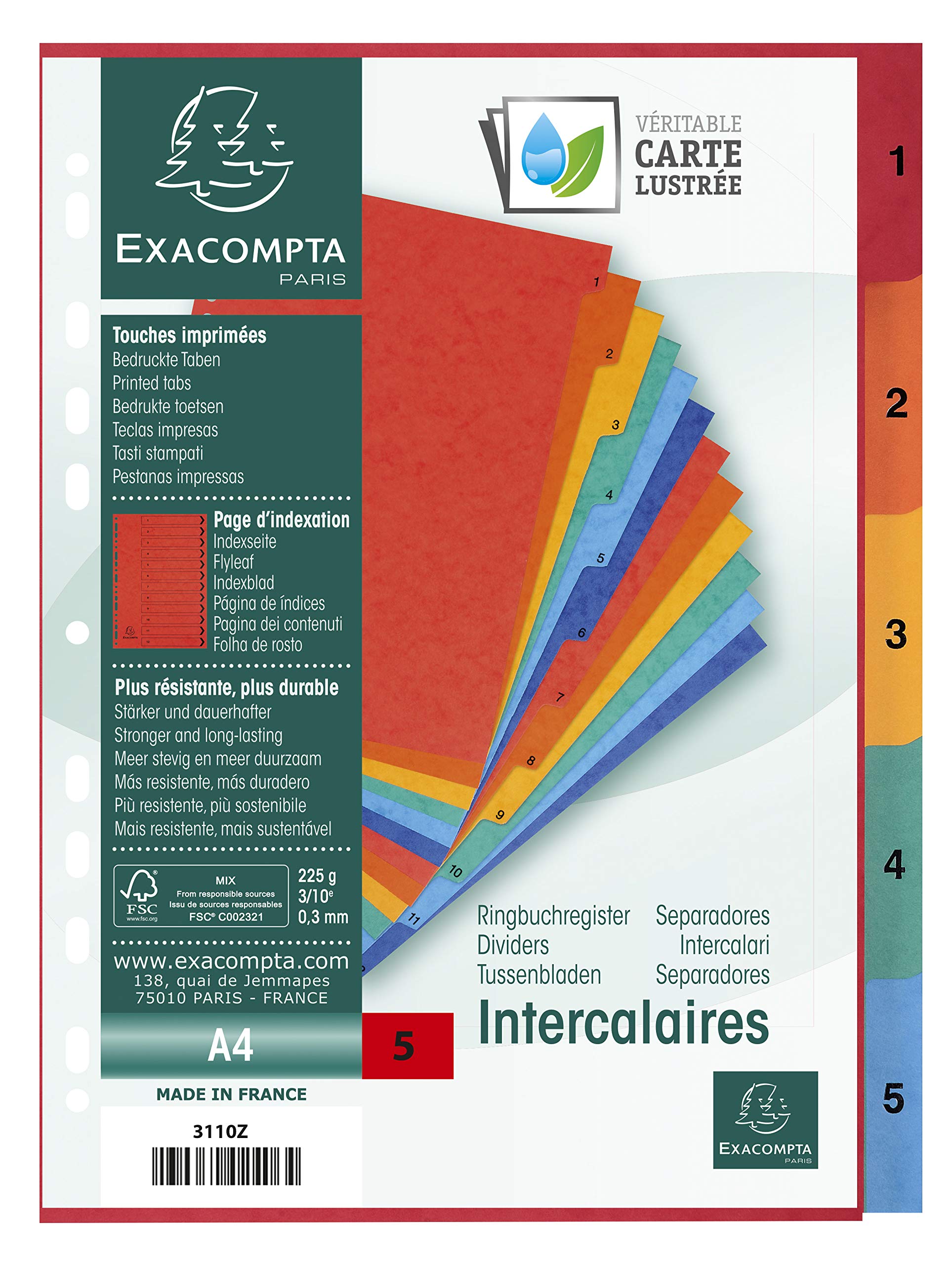 Exacompta - Réf. 3110Z - Intercalaires en véritable carte lustrée souple 225g/m2 FSC® avec 5 onglets imprimés numériques de 1 à 5 - Page d'indexation fournie - Format à classer A4