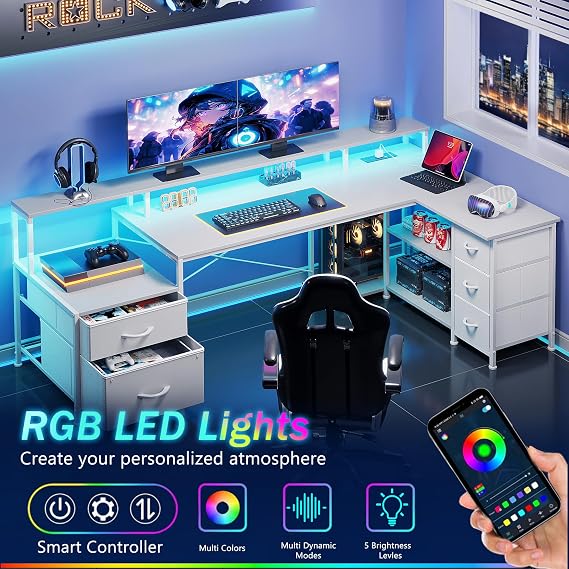 VERMESS L Shaped Desk with 5 Fabric Drawer, 74 Computer Corner Desk with Power Outlet, Home Office Desk with Storage Shelves & File Drawer, Gaming Desk with Led Lights, White