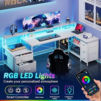 VERMESS L Shaped Desk with 5 Fabric Drawer, 74 Computer Corner Desk with Power Outlet, Home Office Desk with Storage Shelves & File Drawer, Gaming Desk with Led Lights, White