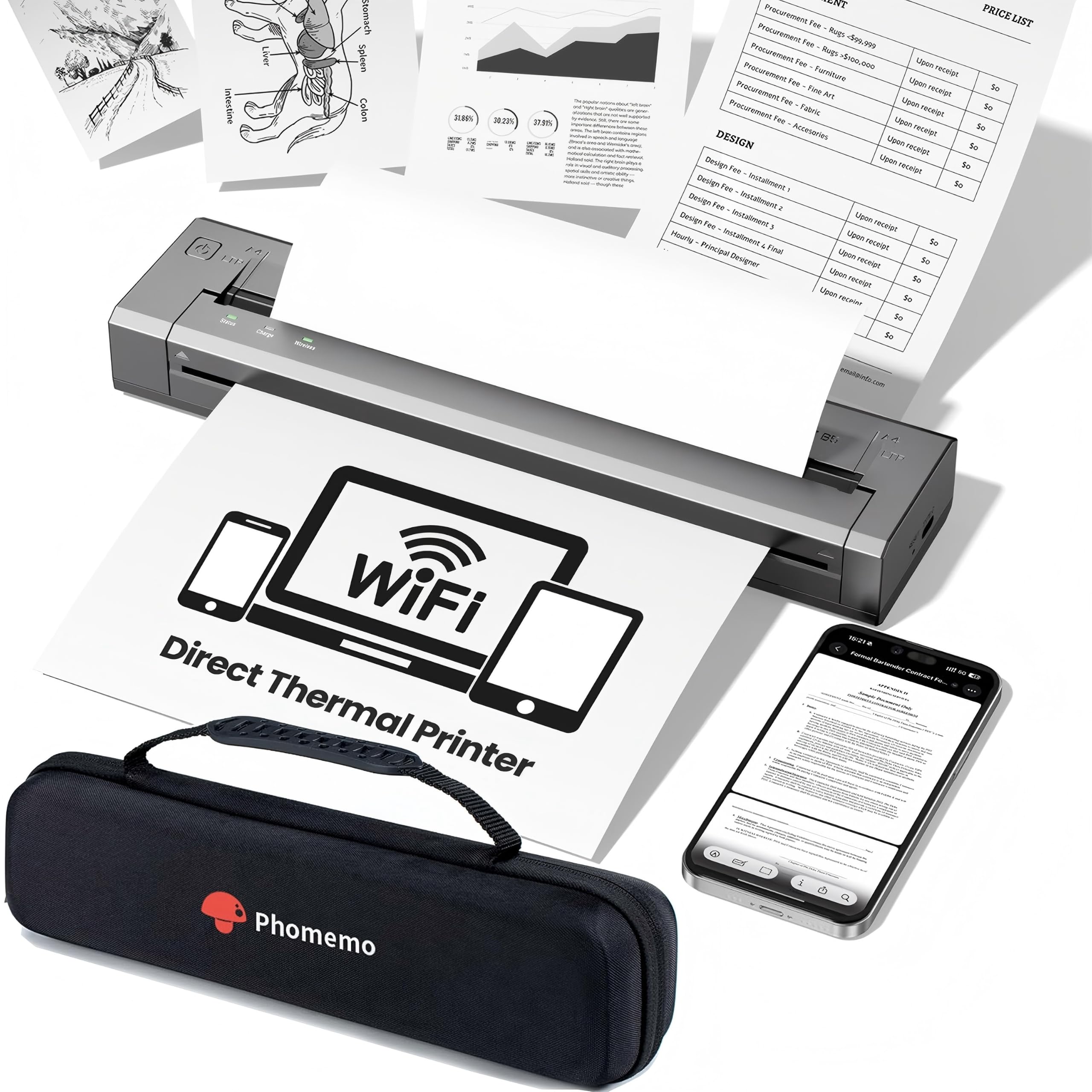 Phomemo Wifi Stampante Portatile A4 Kit 300DPI, Compatibile Airprint-Grigio
