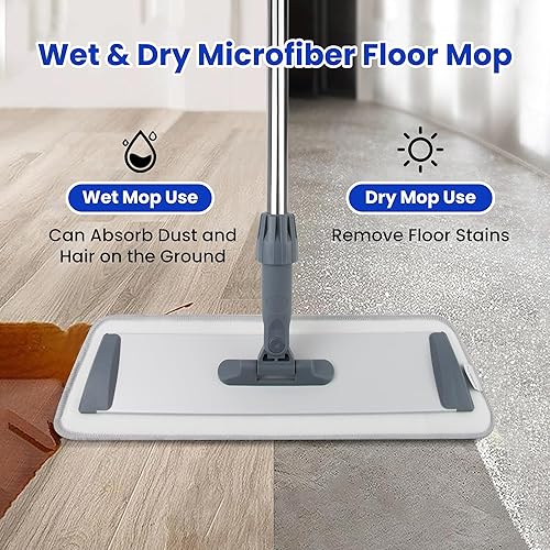 Miniatura 3 de Trapeador plano de microfibra grande de 60 pulgadas para limpieza de suelos, mopa húmeda y seca con 4 almohadillas lavables, cabezal giratorio de