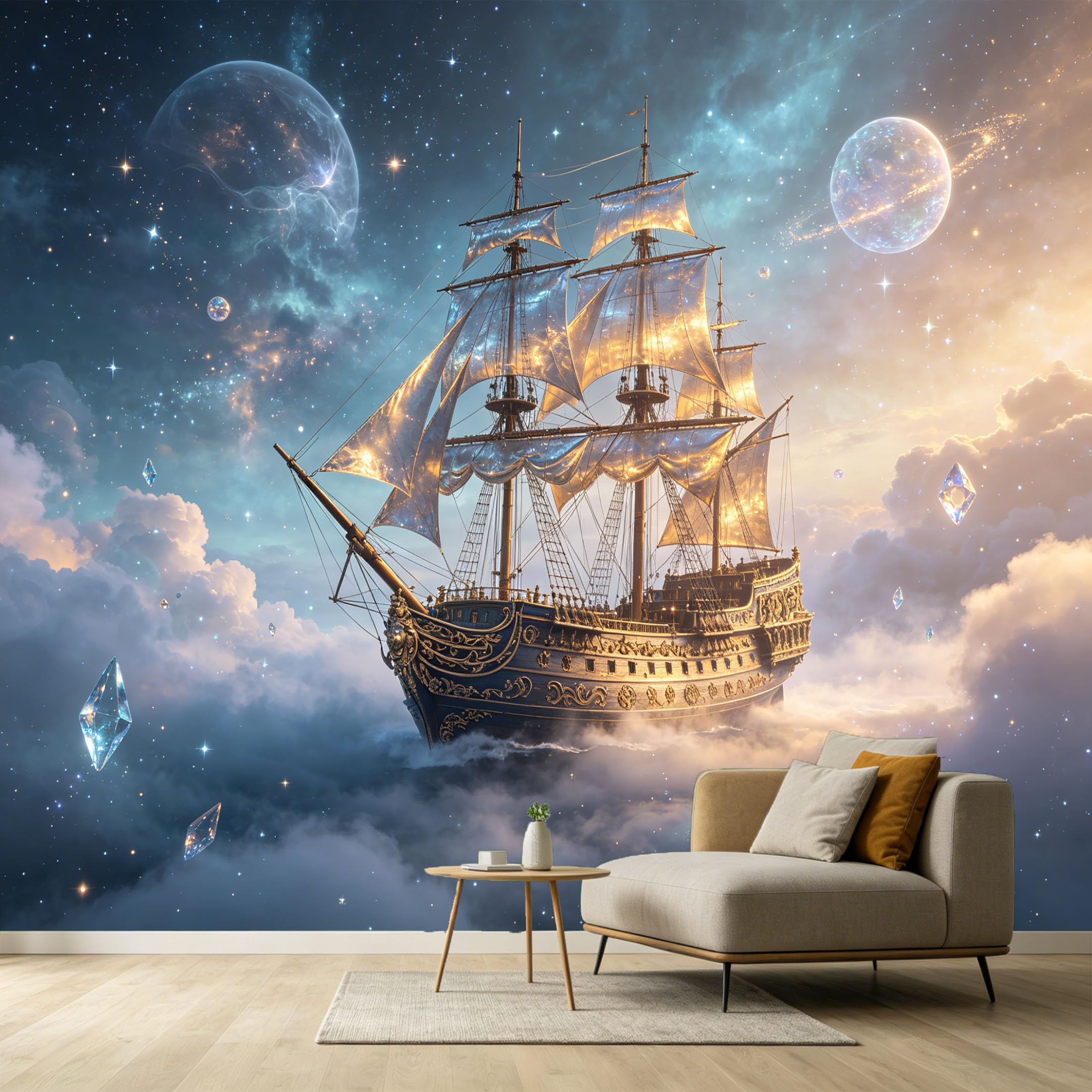 Custom Size Wall Murals Galaxy Sailboat Celestial Space 3D Trompe L'Oeil SelfAdhesive Wall Fabric Removable Large Wallpaper for Photo Living Room Interior Decor Wall Art