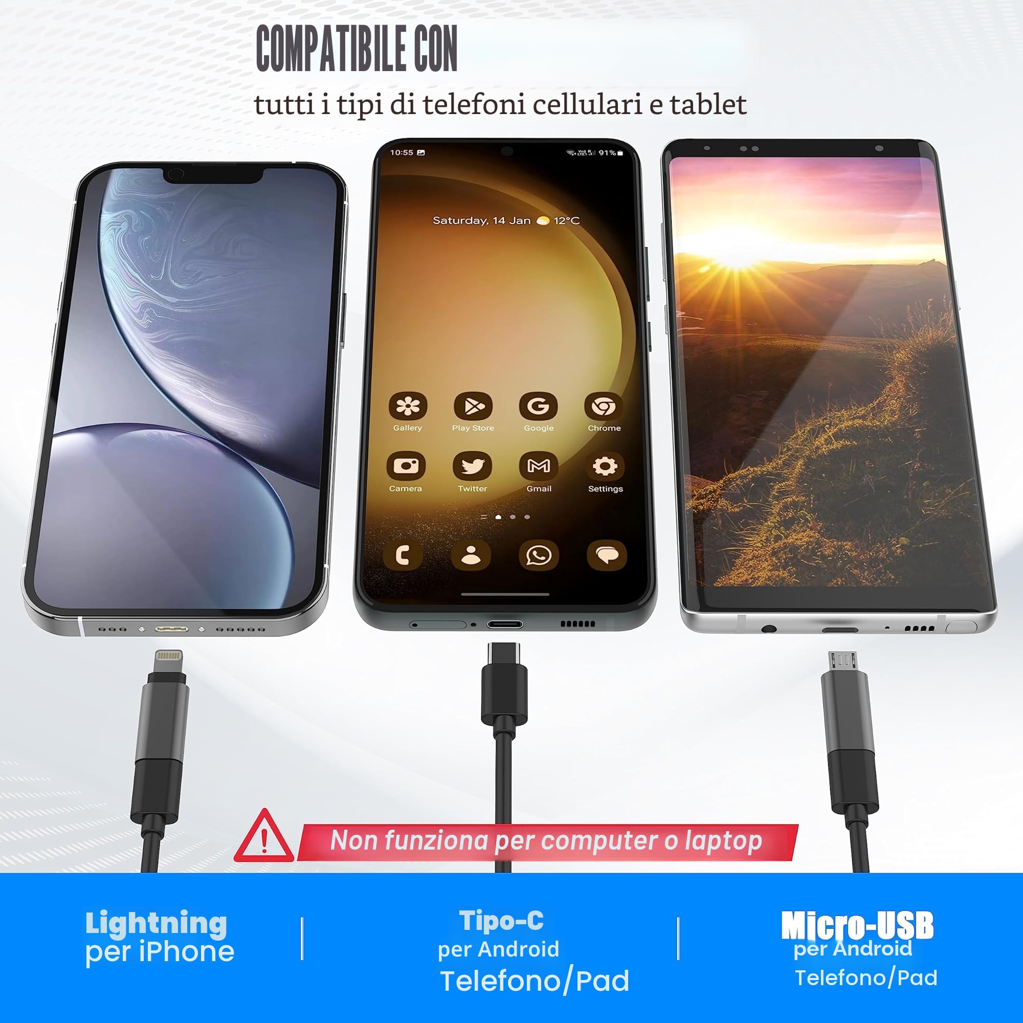 1920P Boroscopio a Serpente a Doppia Lente, Endoscopio Pancellent di Tipo C, Fotocamera con 8 luci LED per smartphone Android e iOS, iPhone, iPad, Samsung (5 M)