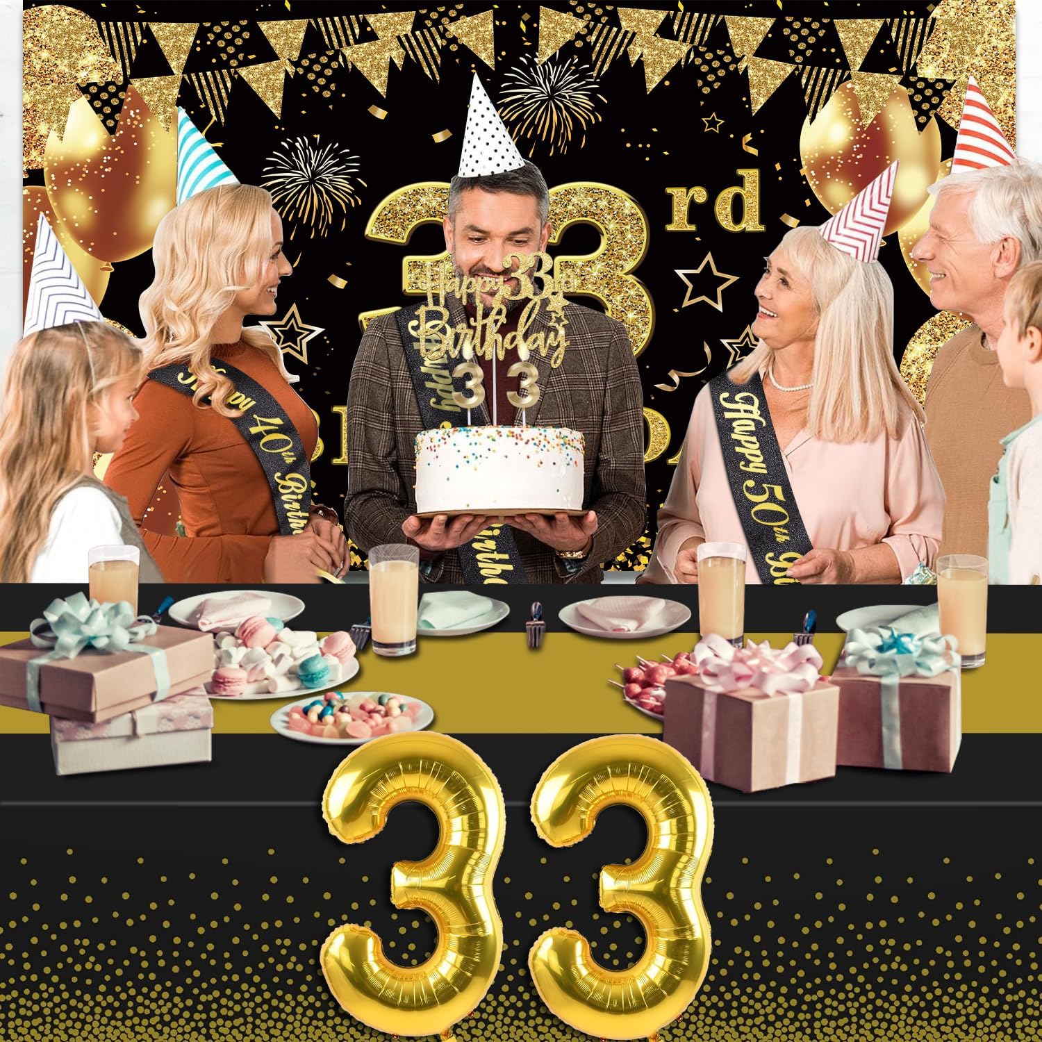 33rd Birthday Decorations Men Women with 33rd Birthday Banner, Black and Gold Table Cloth, Number Balloons, Large Sash, Cake Topper and Candles - Image 2