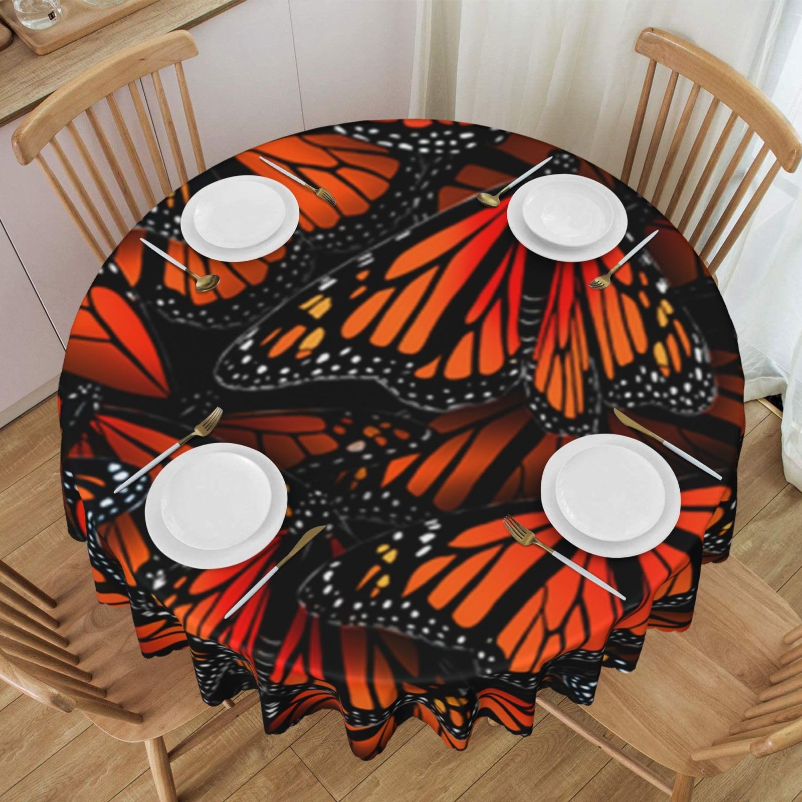 DCEHGEW 60 In Round Tablecloth with Lace, Monarch Butterflies Printed Oilproof & Washable Fabric Picnic Table Cloth Table Covers