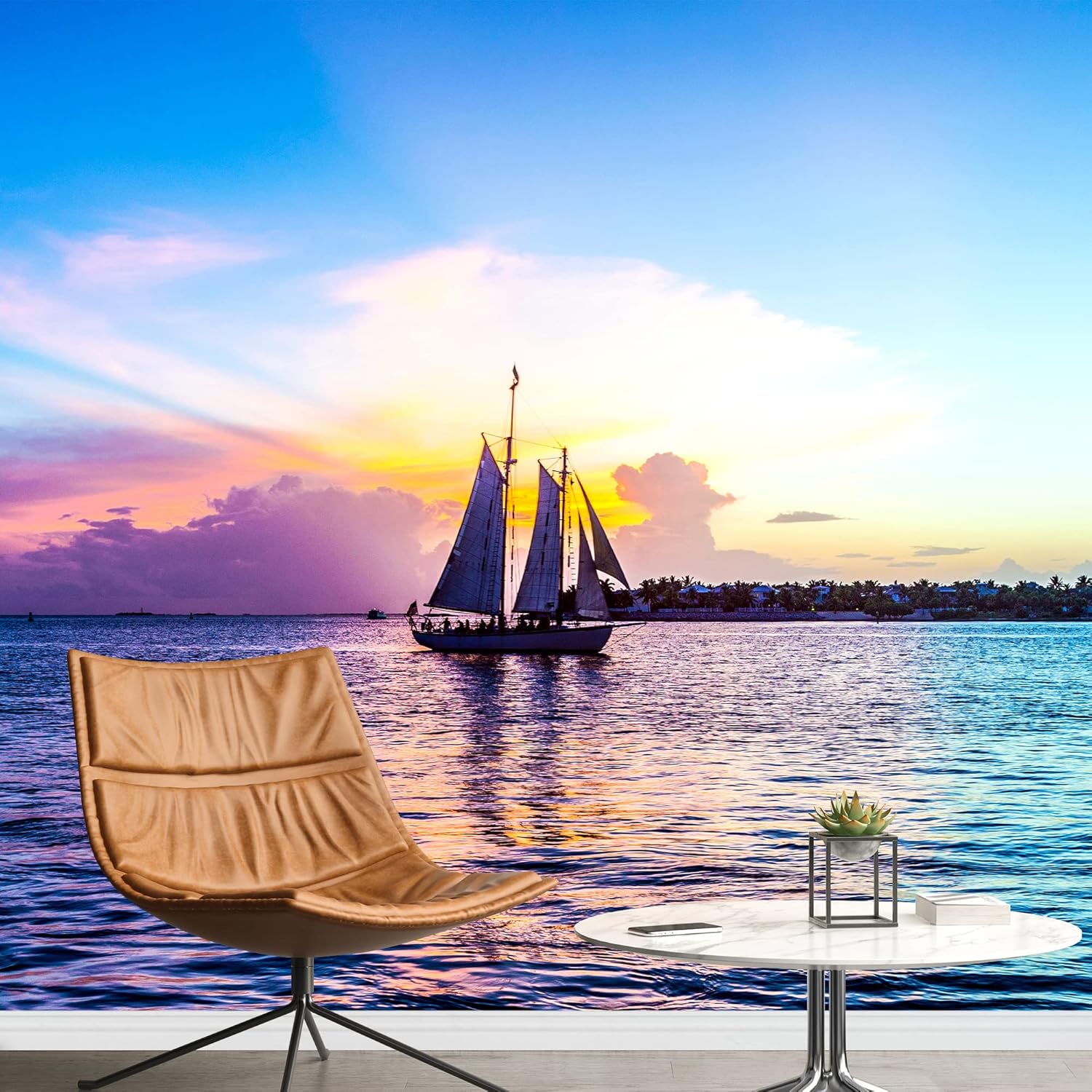 SIGNWIN Removable Wall Sticker/Wall Mural Tropical Neon Sunset Ocean Boat Horizon Nature Wilderness Photography Realism Decorative Landscape Rustic for Living Room, Bedroom, Office - 100x144