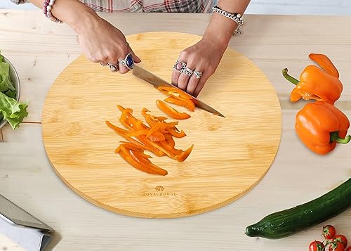 Miniatura 4 de RoyalHouse Tabla de cortar redonda de bambú natural para cocina, tablas de cortar para carne y verduras, tabla de queso y embutidos, bandeja de