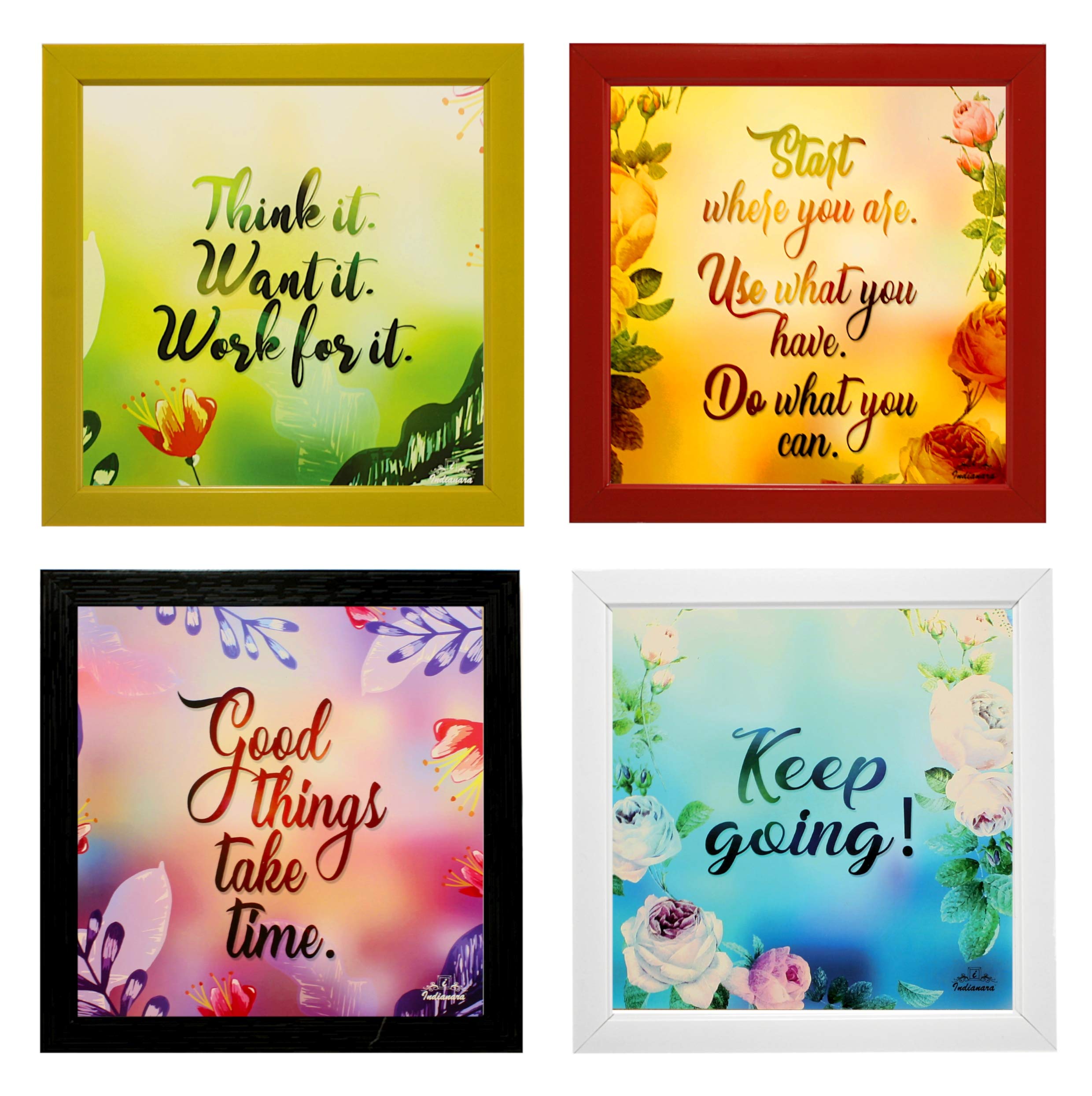 Indianara 4 Piece Set of Framed Wall Hanging Motivational Quotes Art Prints (2053) 9.5 inch X 9.5 inch Without Glass-Multicolour