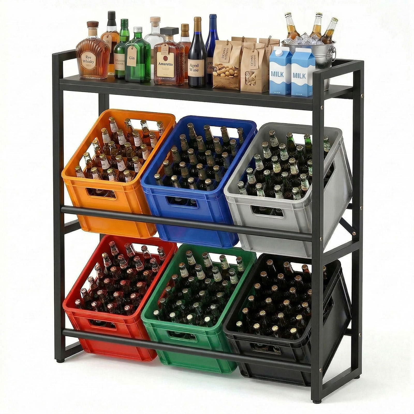 Treeboy Black Meatal Beverage Crate Shelf Storage Rack For 6 Beverage Crates In For Beer,Fruit,Vegetables-Sturdy Drinks Crate Rack 370 Kg Load Capacity For Kitchen, Storage Room