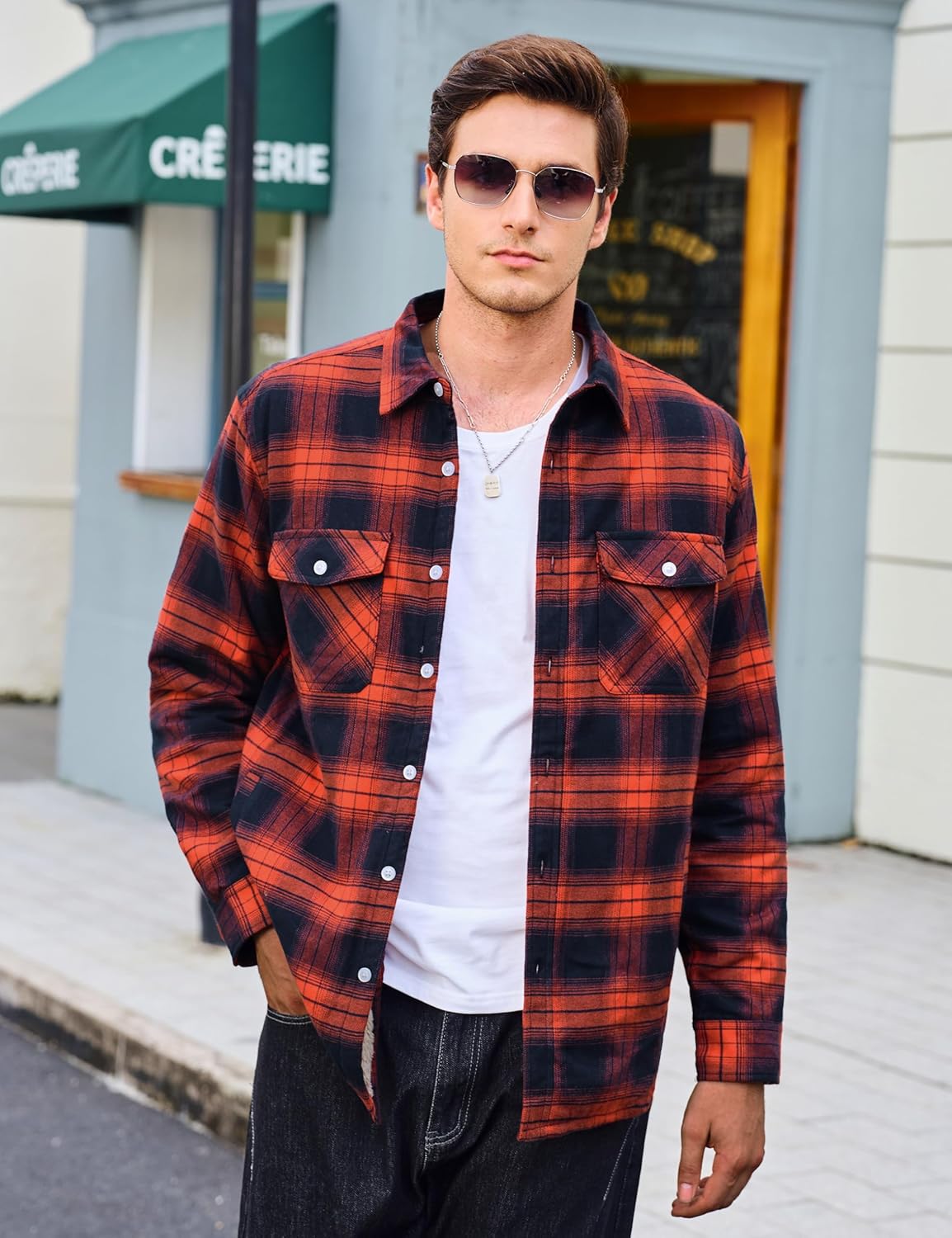Cotrasen Men's Flannel Shirt Jacket Cotton Plaid Sherpa Lined Fleece Button Down Jacket Coat for Men with 5 Pockets - Image 2