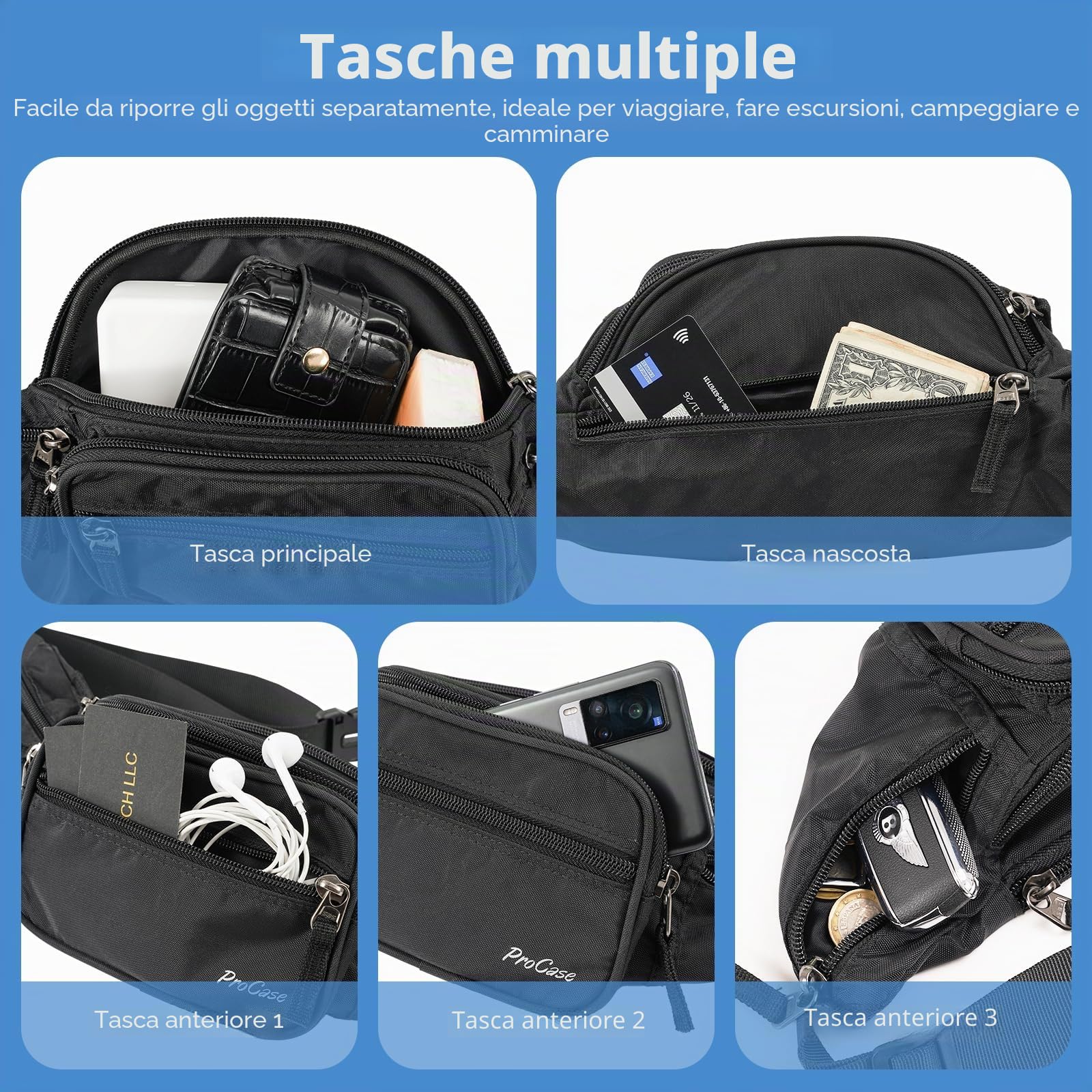ProCase Marsupio Uomo Nero con 6 Tasche, Marsupio da Lavoro Sportivo Viaggio Trekking, Fanny Pack Bag in Nylon con Cinturino Regolabile e Fibbia a Sgancio Rapido