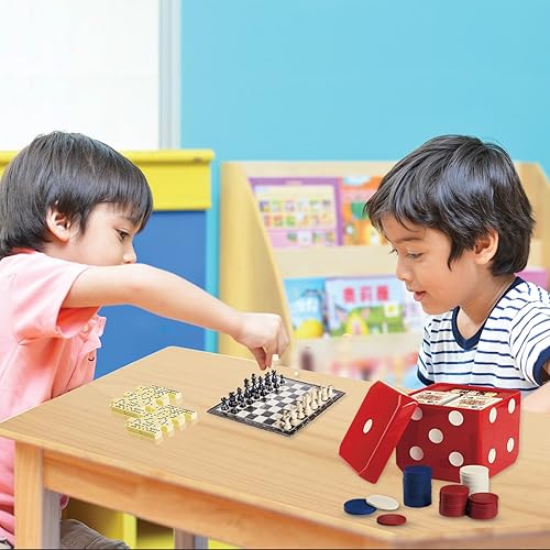 Miniatura 4 de Gamie Juego de dados 6 en 1, juego de mesa y casino, incluye ajedrez, damas y backgammon, 2 barajas de cartas de juego, fichas de póquer, dados de