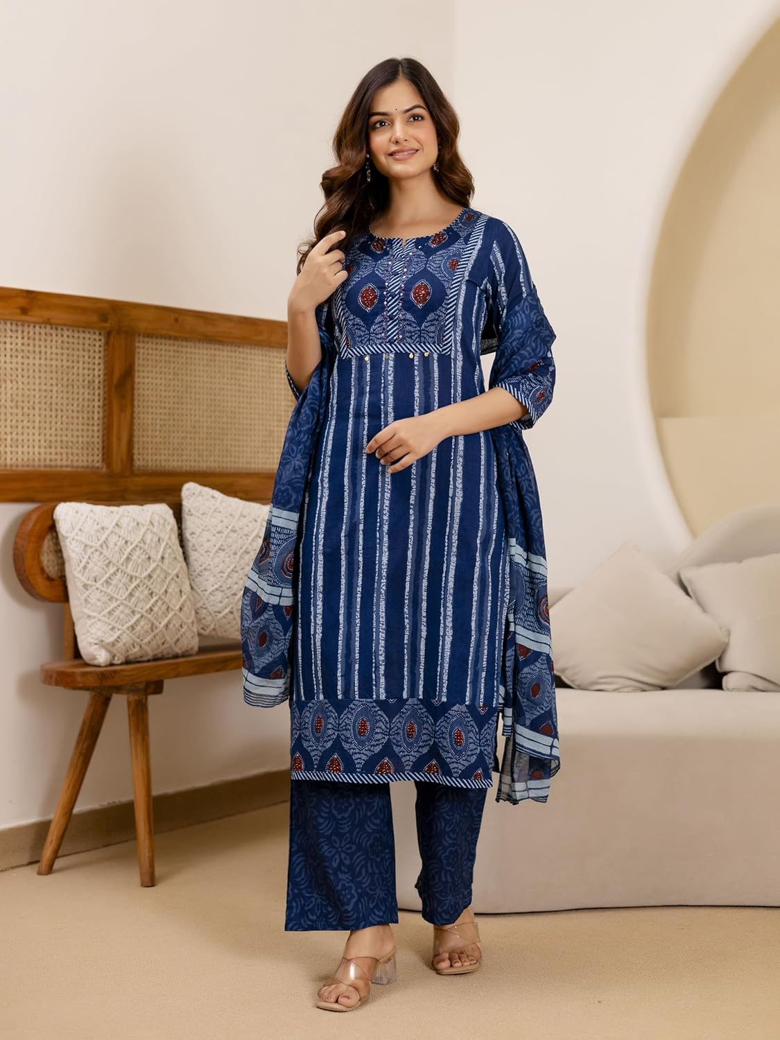 TRENDMALLS Women’s Pure Cotton Hand Work Embroidery Ajrakh Stripe Pattern Print Kurta Pant with Dupatta Set