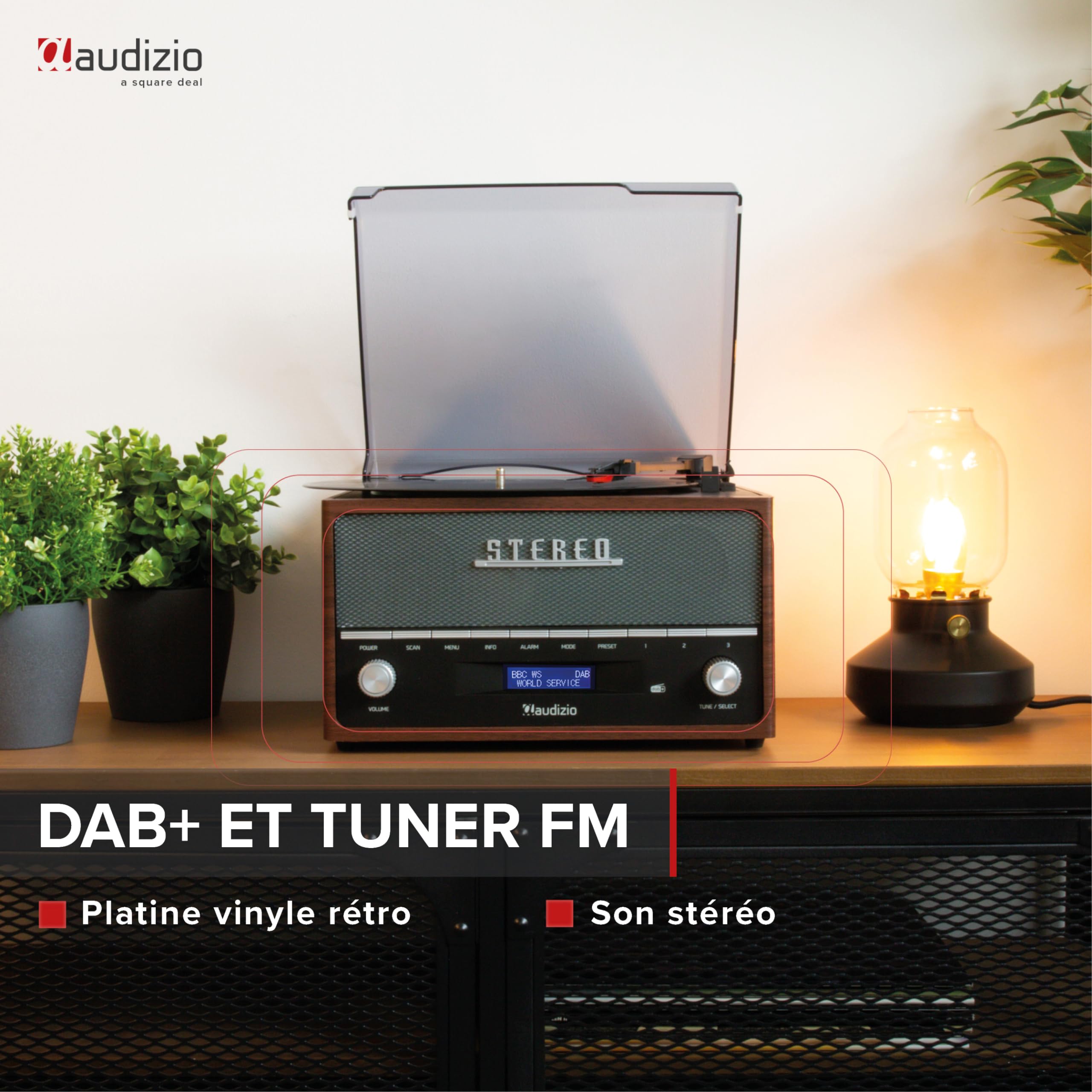 Audizio Frisco Platine Vinyle Bluetooth avec Radio Dab+ Intégrée - Marron, Radio Dab+ et FM avec Haut-Parleur Intégré, 33, 45, 78 Tours, Idéale pour écouter Vos vinyles préférés