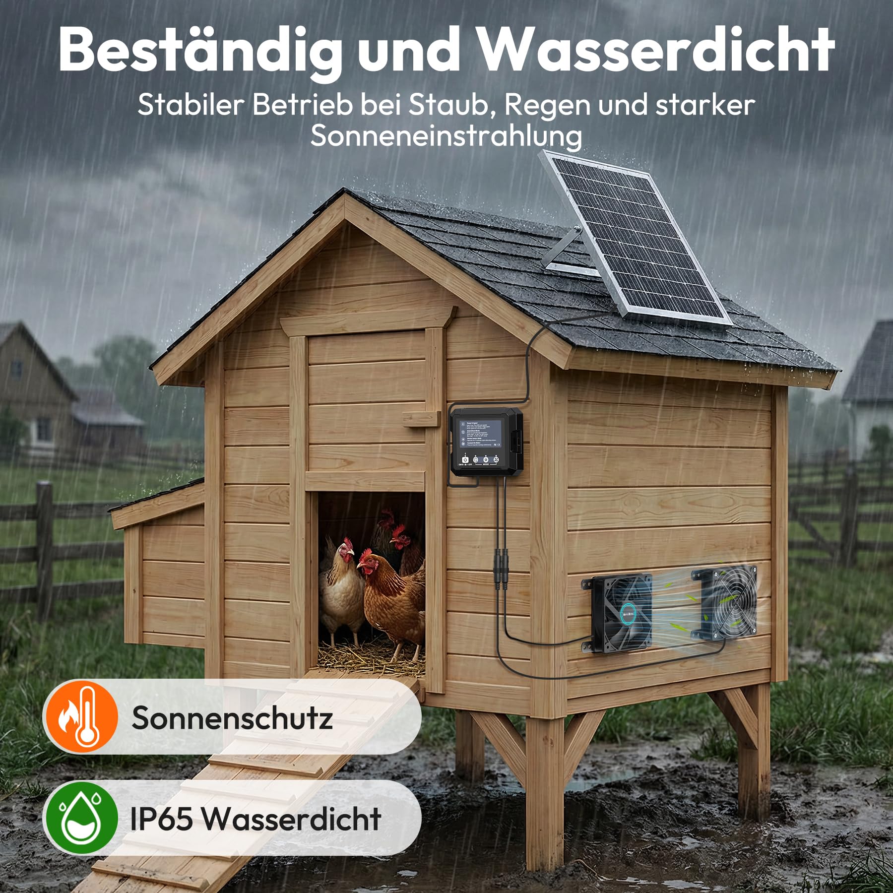 INNOLAND Solarventilator, 25W solarbetriebener Ventilator mit 7500mAh Akku | intelligente 3 Modi mit Bewegungssensor, IP65 wasserdichter Solarlüfter für Schuppen | Hundehütte | Werkstatt